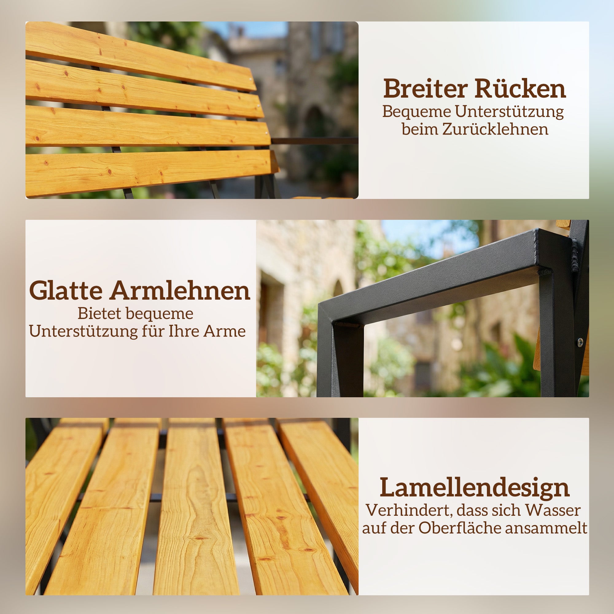 2-Seater Weatherproof Wood Slatted Garden Bench with Armrests — 136 x 54 x 82 cm (Natural Wood)
