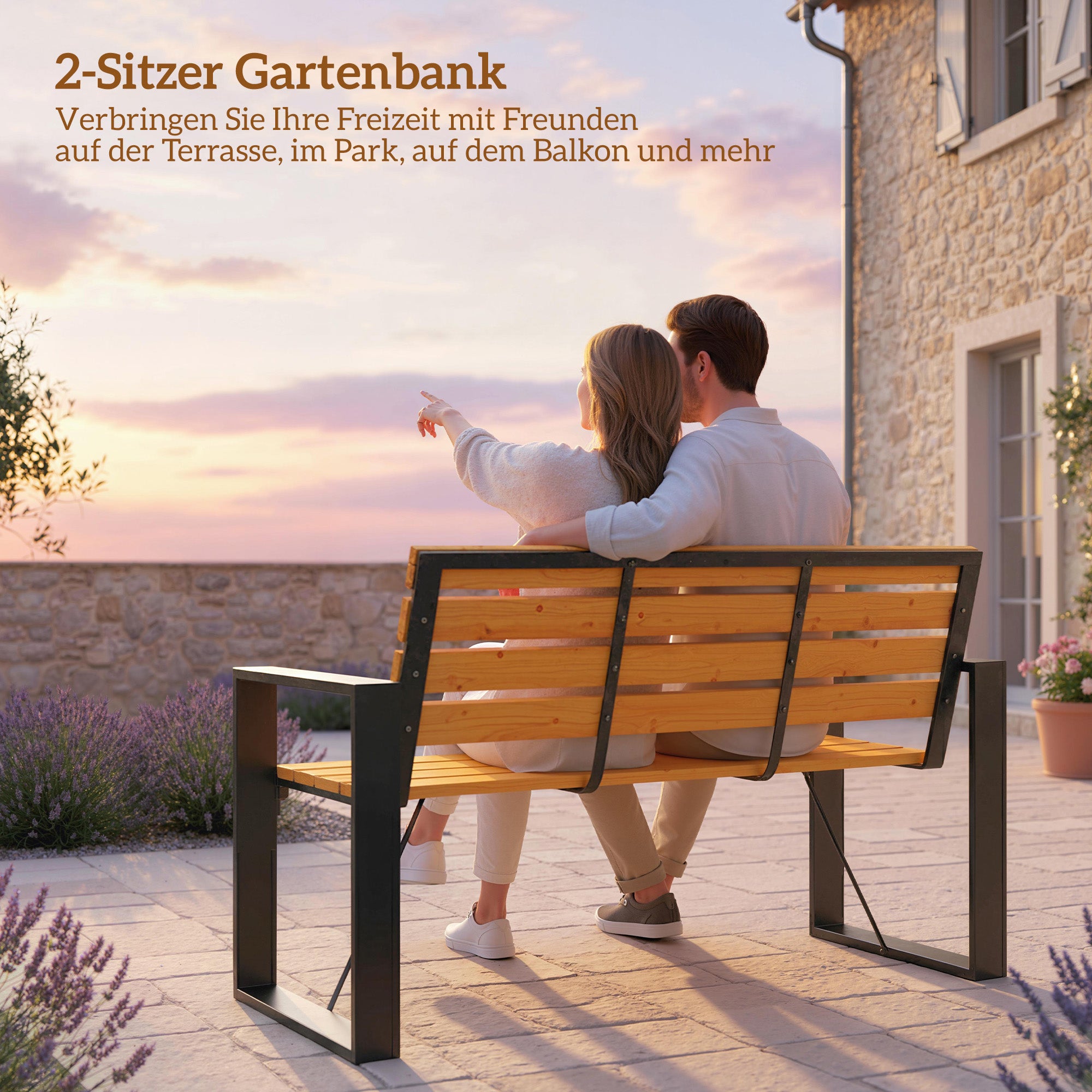 2-Seater Weatherproof Wood Slatted Garden Bench with Armrests — 136 x 54 x 82 cm (Natural Wood)
