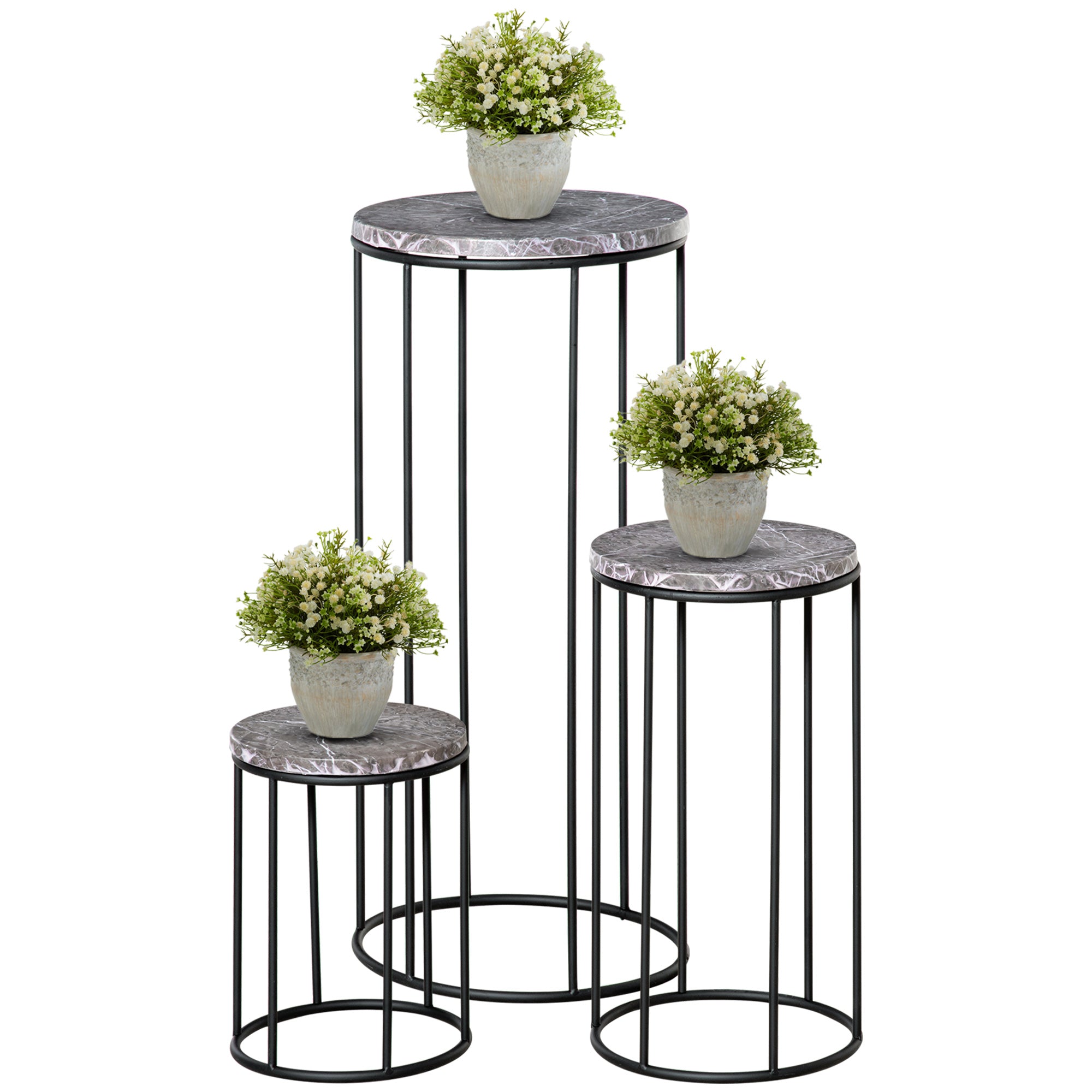 Flower Stand 3 Piece Set Made of Metal Plant Stand Set in Marble Look Flower Stool Flower Pot Holder Stackable Plant Stool for Flower Pot Black+Gray
