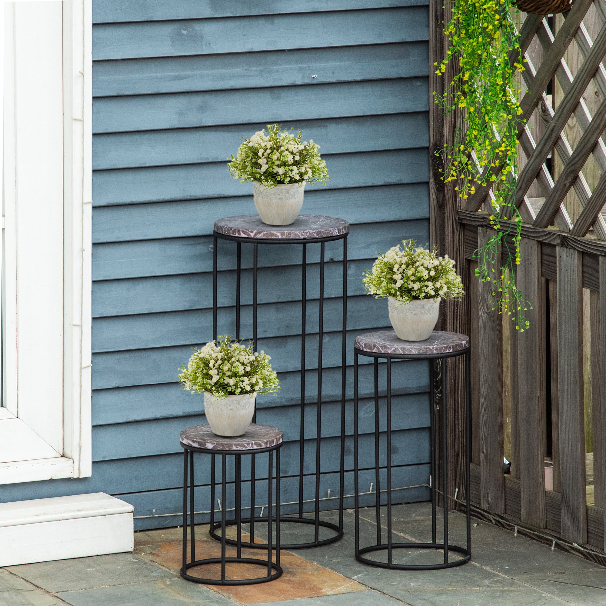 Flower Stand 3 Piece Set Made of Metal Plant Stand Set in Marble Look Flower Stool Flower Pot Holder Stackable Plant Stool for Flower Pot Black+Gray