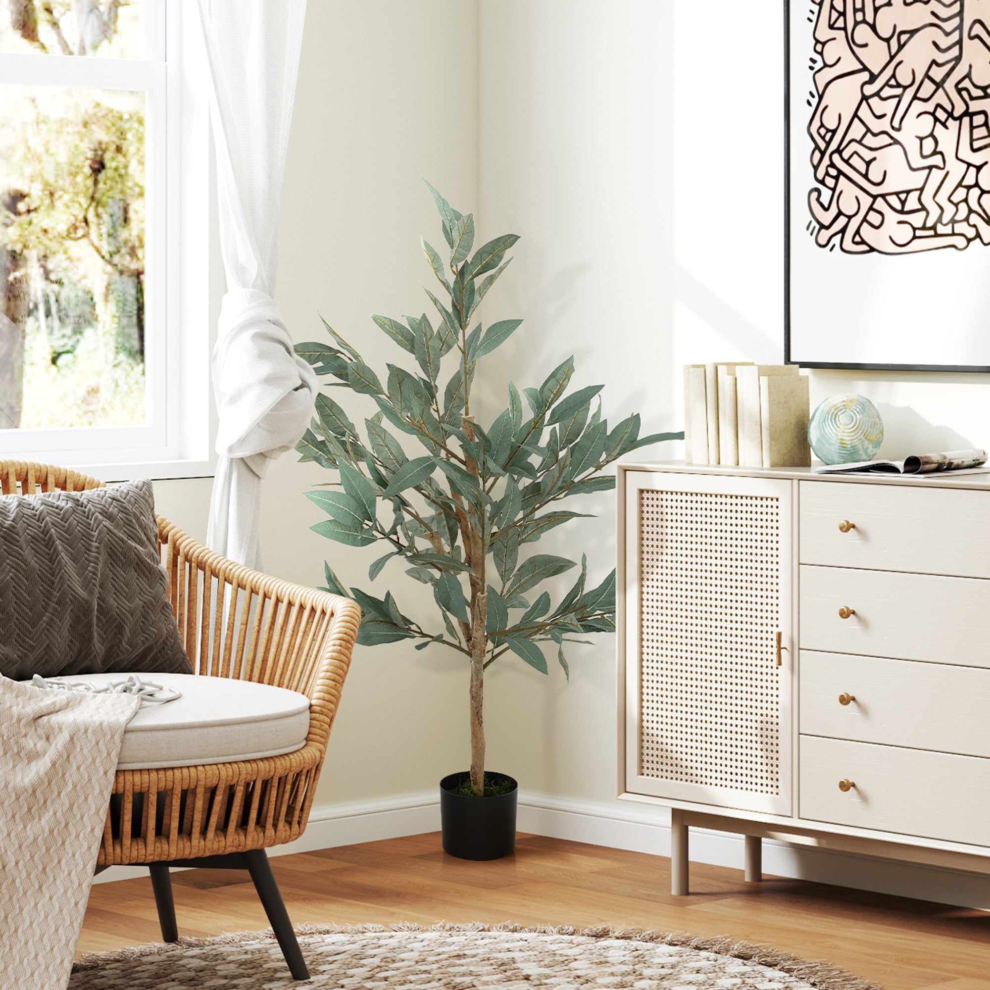 Large Artificial Decorative Plant 120 cm Artificial Laurel Plant with Pot and Leaves for Indoor Green