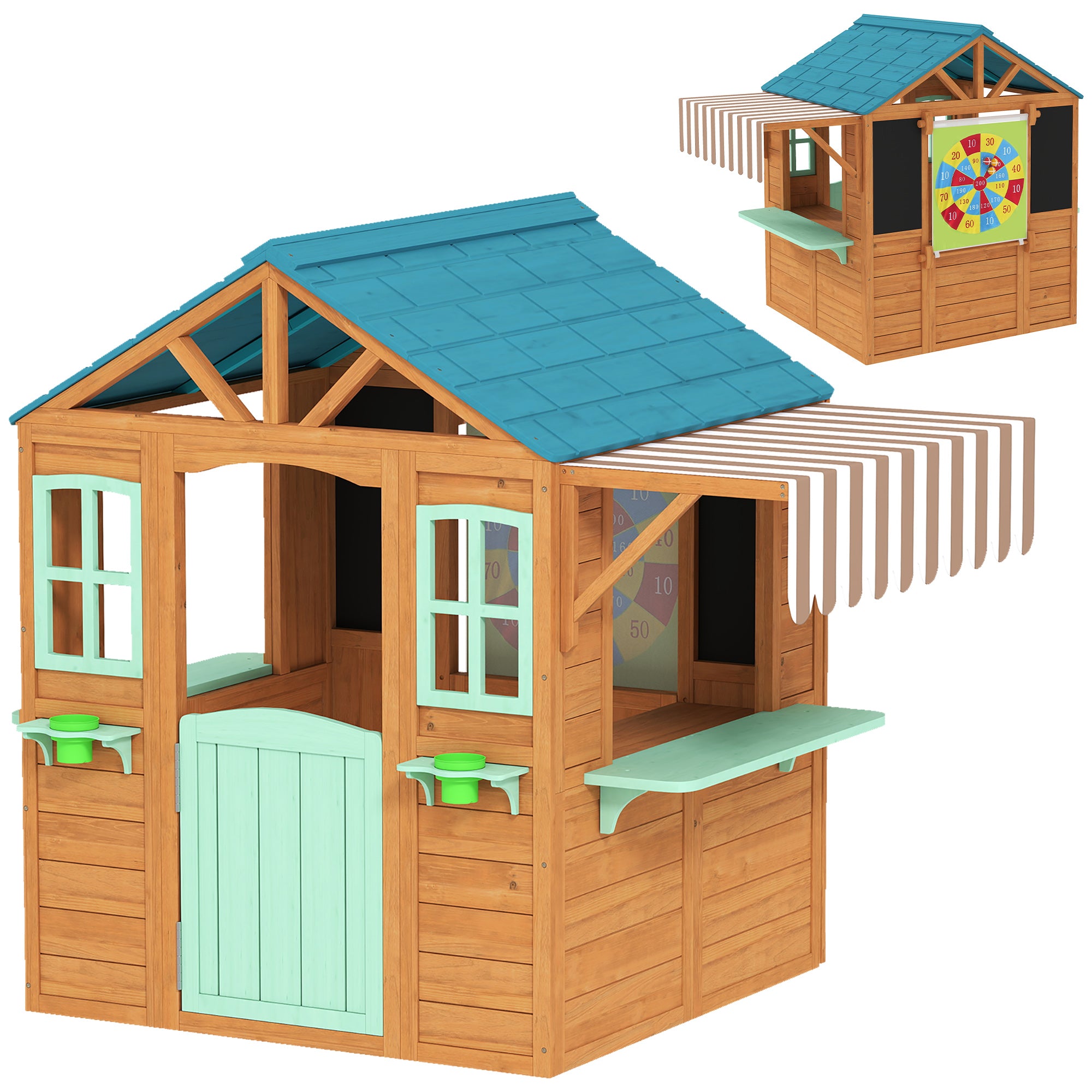 Wooden Outdoor Playhouse with Market Counter, Planters & Chalkboard – Multicolor, for Ages 3–6, 142 x 120 x 141.5 cm