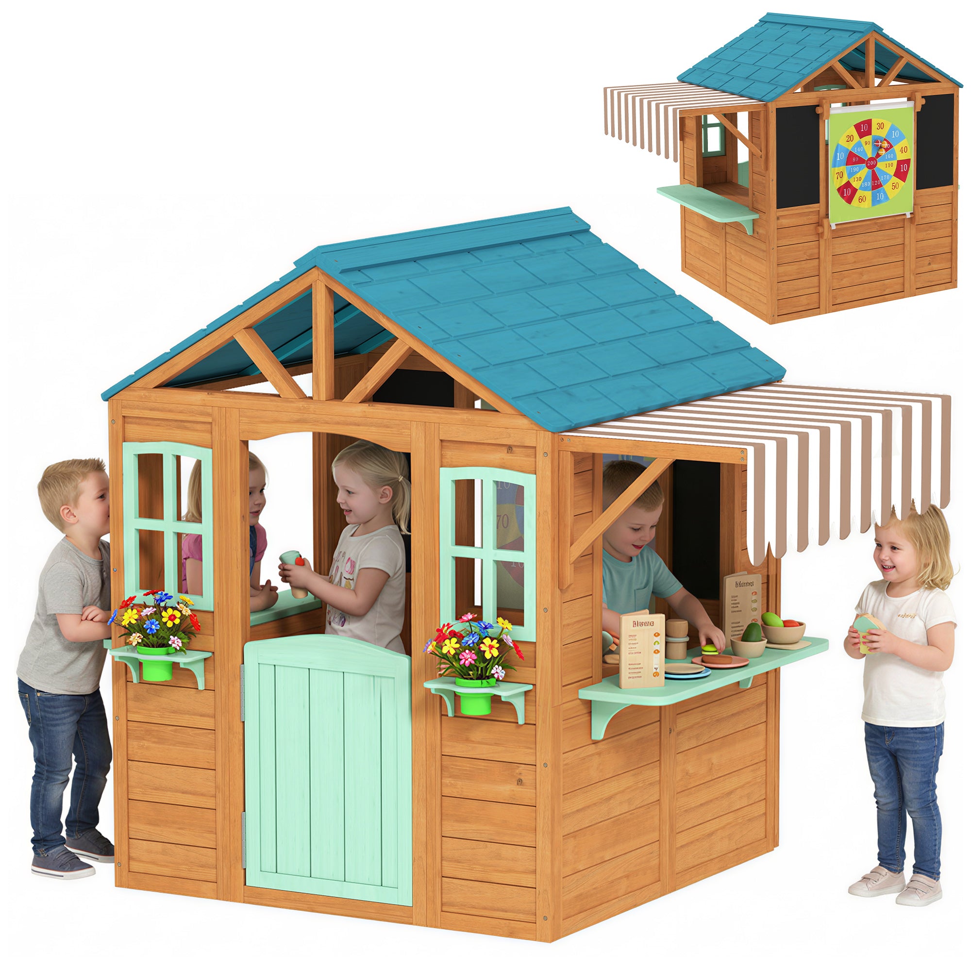Wooden Outdoor Playhouse with Market Counter, Planters & Chalkboard – Multicolor, for Ages 3–6, 142 x 120 x 141.5 cm