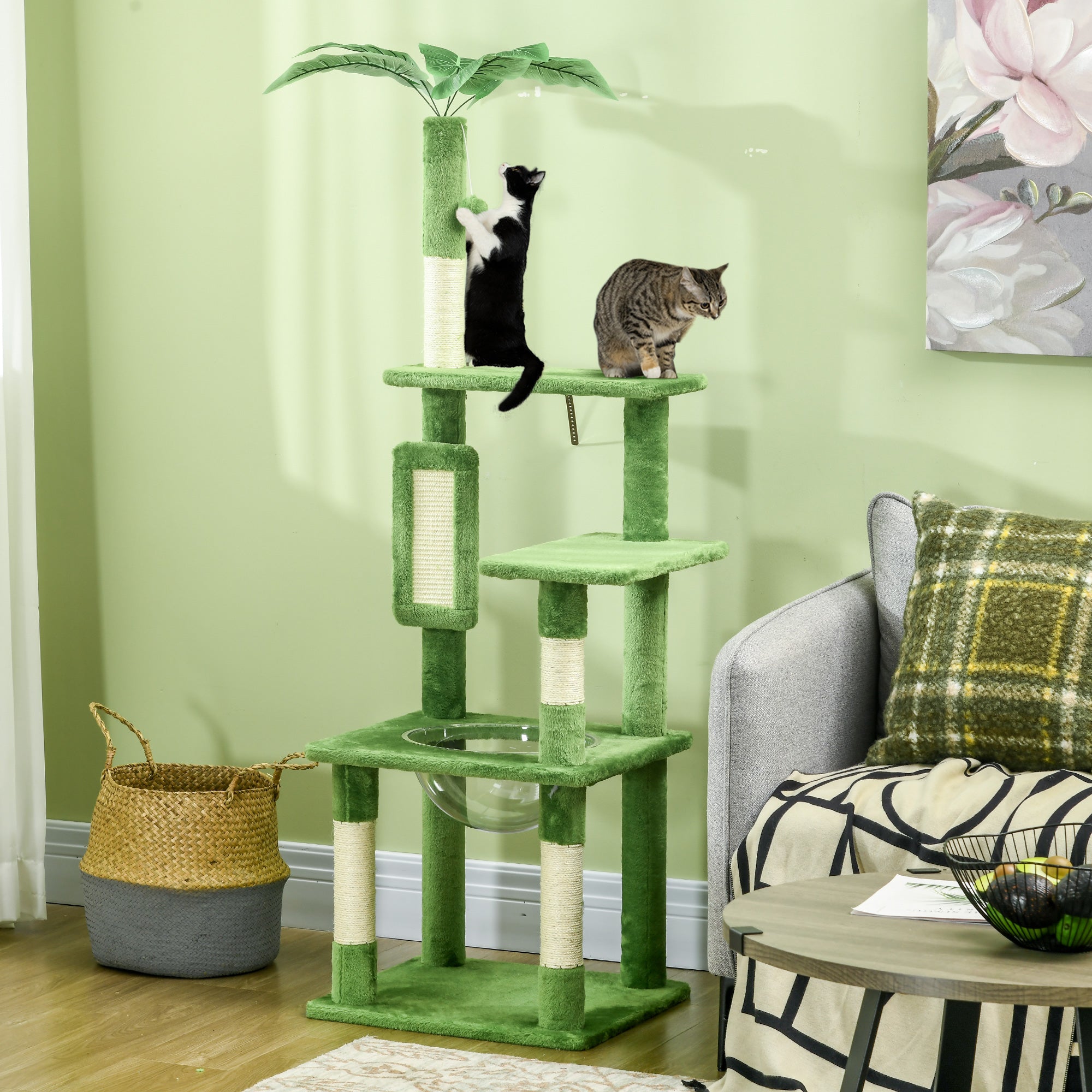 Multi-Level Cat Tree with Hammock, Scratching Post, Toy Ball, and Decorative Leaves, Plush Covering, 49x49x142 cm, Green