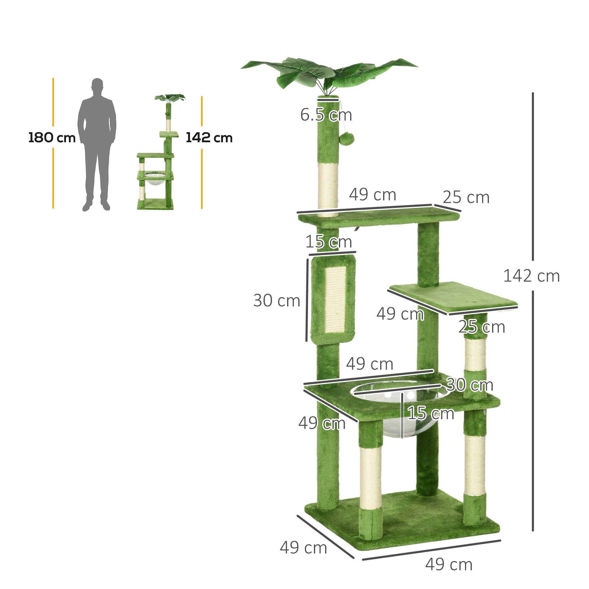 Multi-Level Cat Tree with Hammock, Scratching Post, Toy Ball, and Decorative Leaves, Plush Covering, 49x49x142 cm, Green