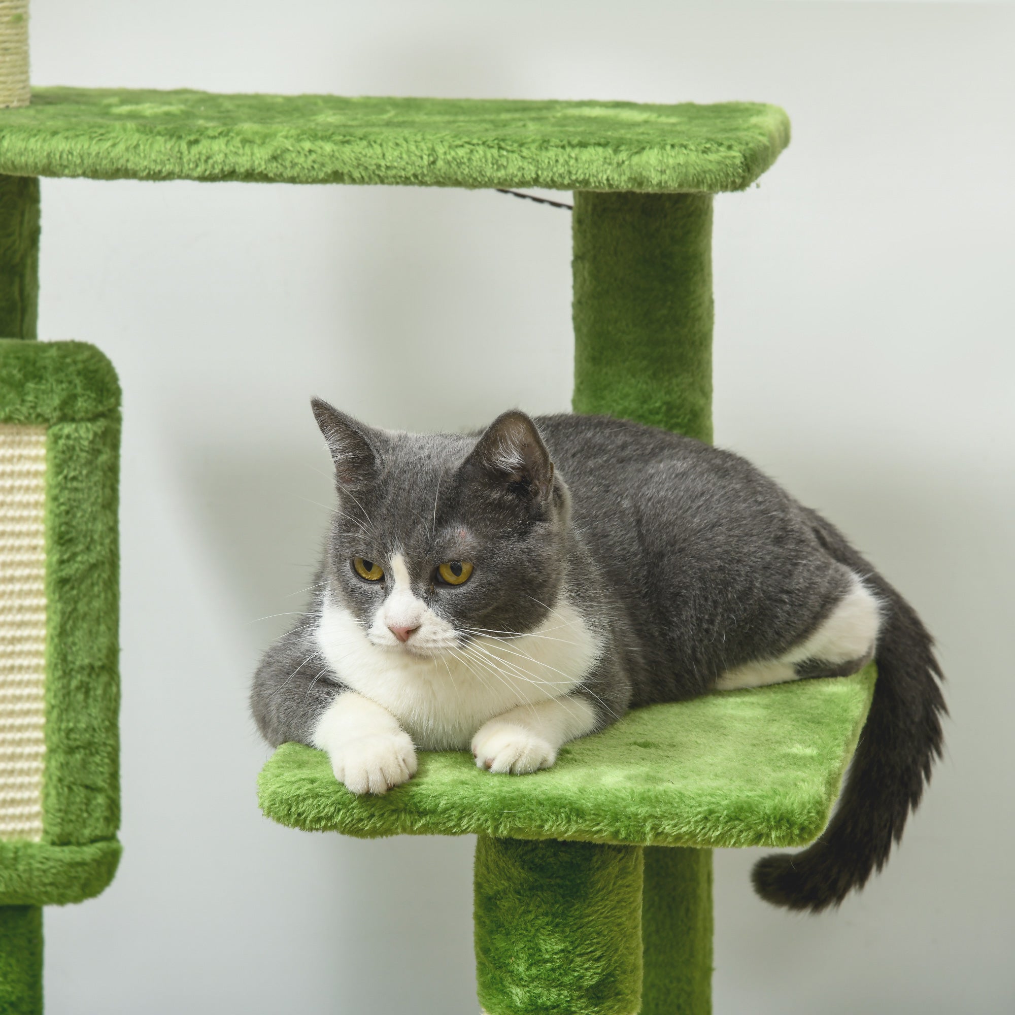 Multi-Level Cat Tree with Hammock, Scratching Post, Toy Ball, and Decorative Leaves, Plush Covering, 49x49x142 cm, Green