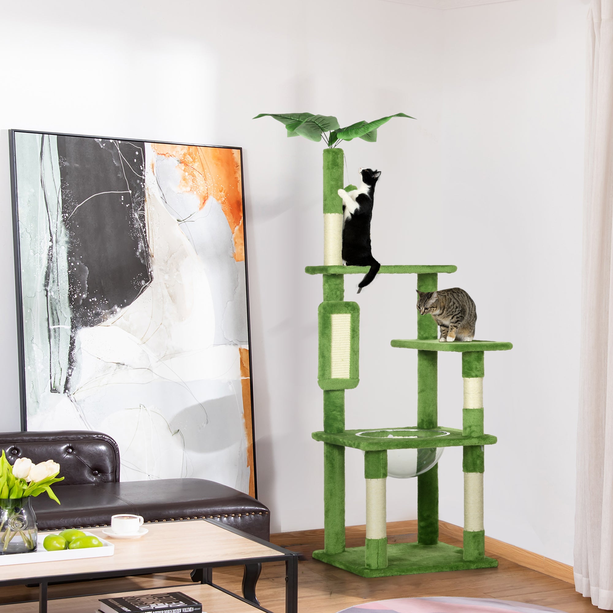 Multi-Level Cat Tree with Hammock, Scratching Post, Toy Ball, and Decorative Leaves, Plush Covering, 49x49x142 cm, Green