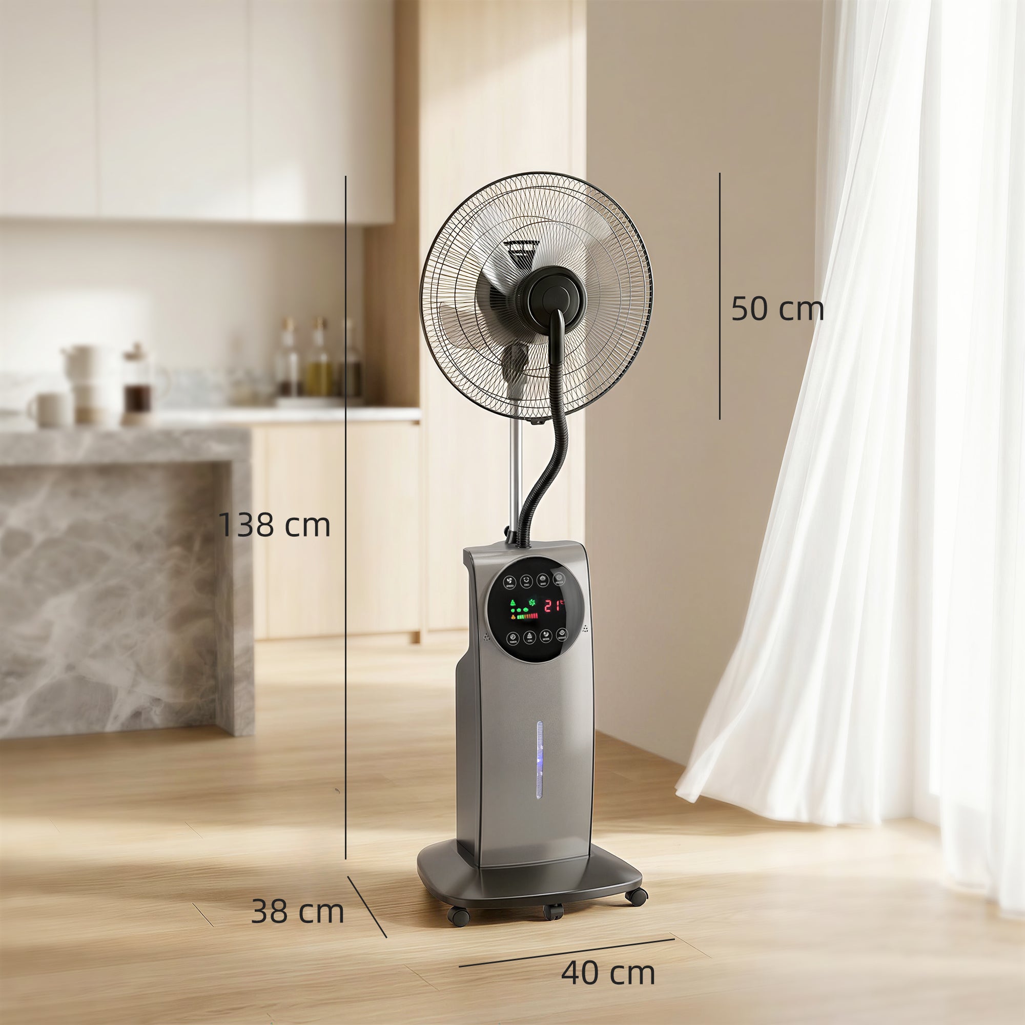 3‑in‑1 Misting Pedestal Fan, 90W, 54.3" Height, 70° Oscillation, 3 Speeds, 3 Modes, Negative Ion, Anti‑Mosquito, 3.1L Tank, Remote & 12H Timer