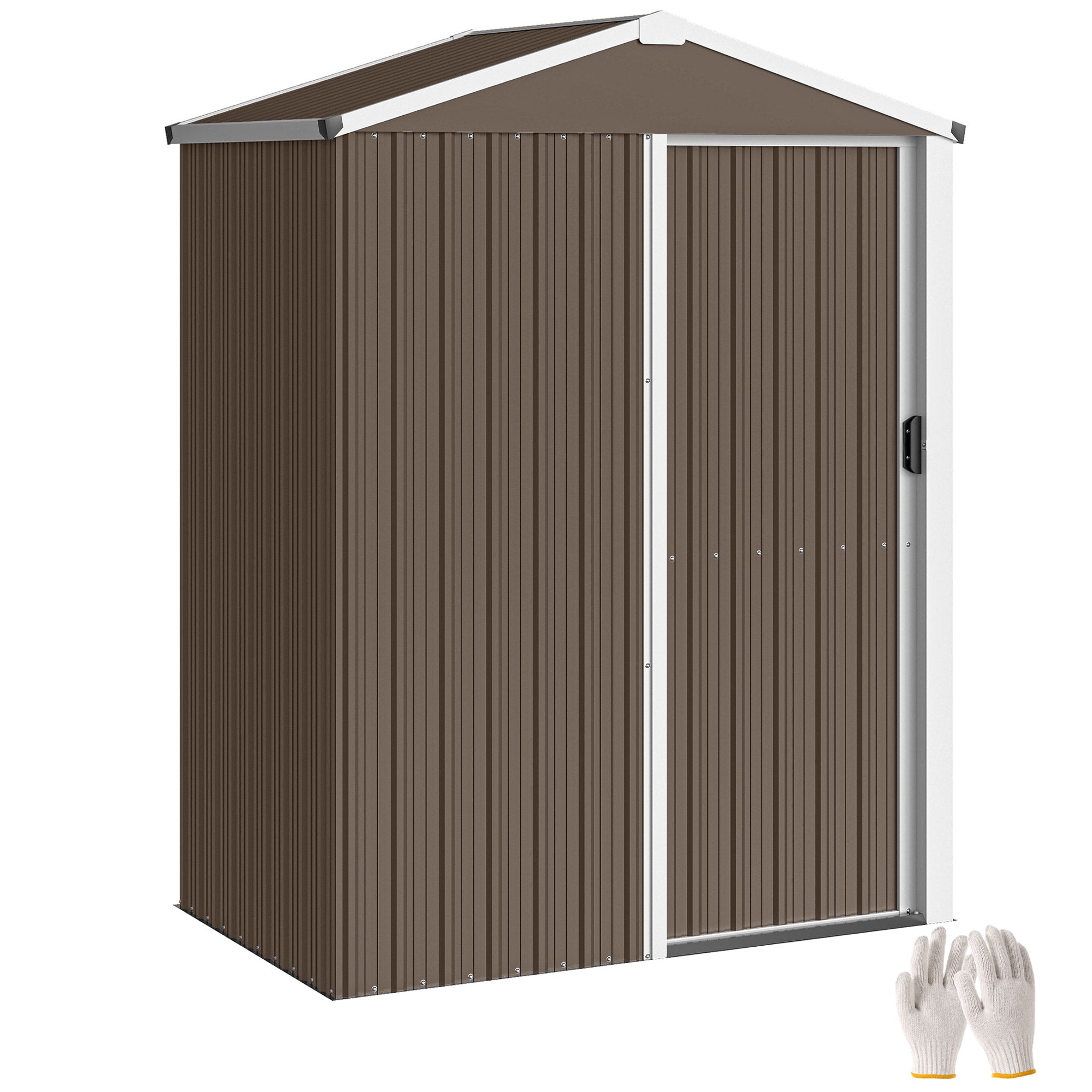 Metal Garden Shed — 1.18 m² (136 × 87 × 179 cm) Sliding Door, Sloped Roof, Gloves Included, Brown