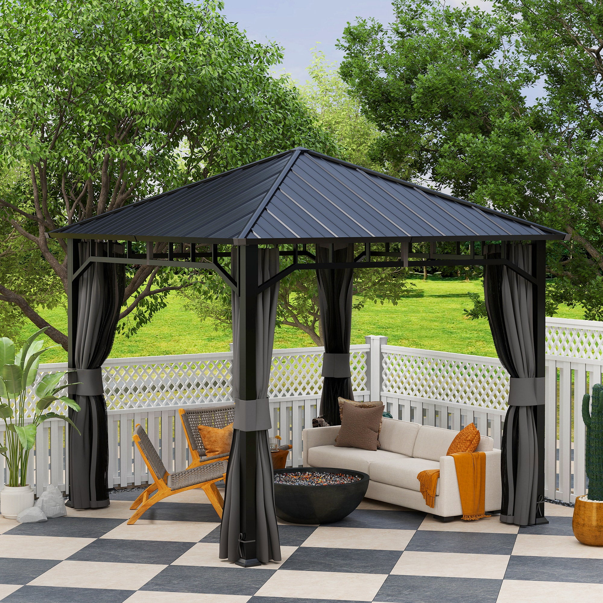 3 x 3 m Waterproof Garden Gazebo — Galvanized Metal Hardtop, Curtains & Mosquito Net, Ceiling Hook, Dark Gray