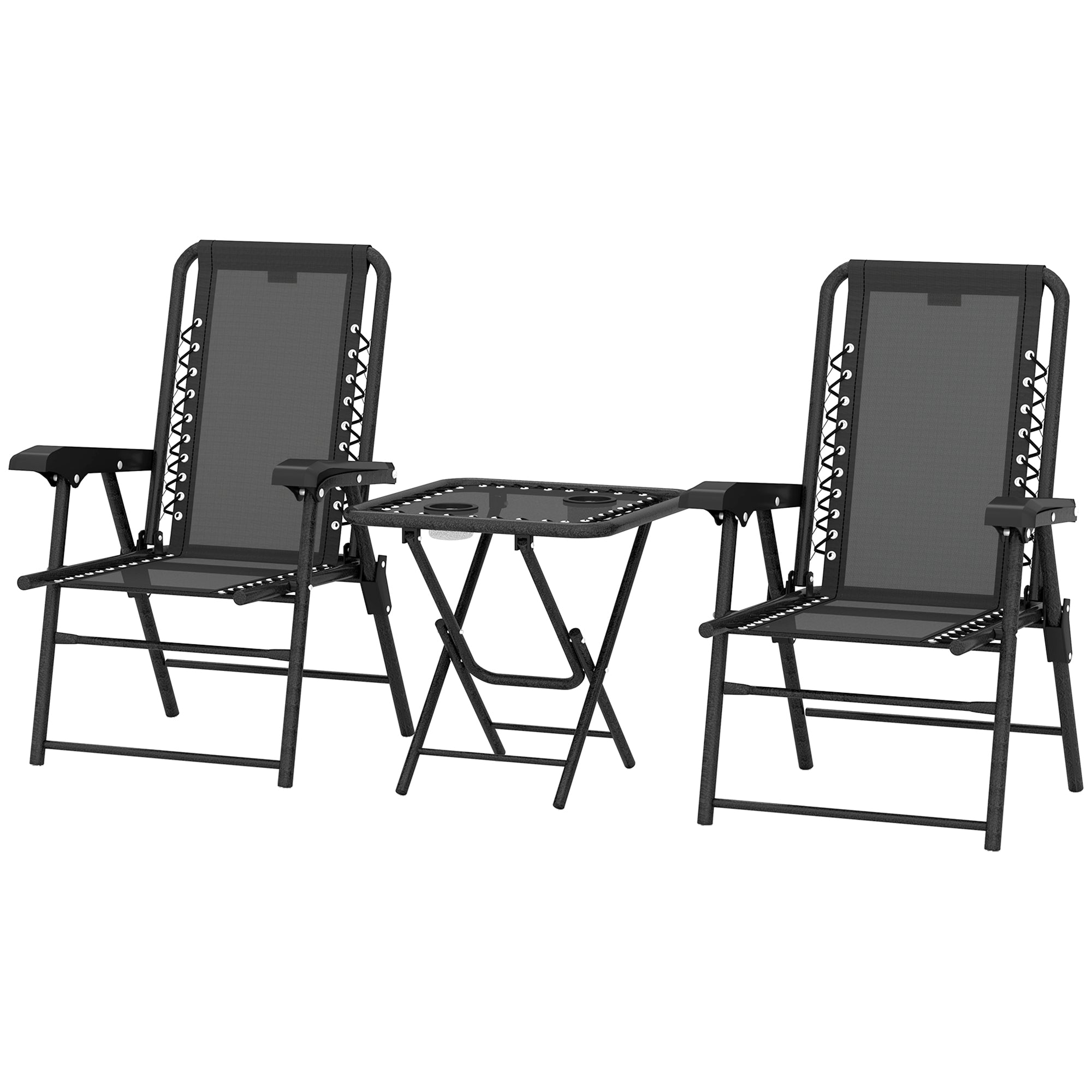 3-Piece Folding Bistro Set – Powder-Coated Steel, Black (2 Chairs + Table) with Cup Holders