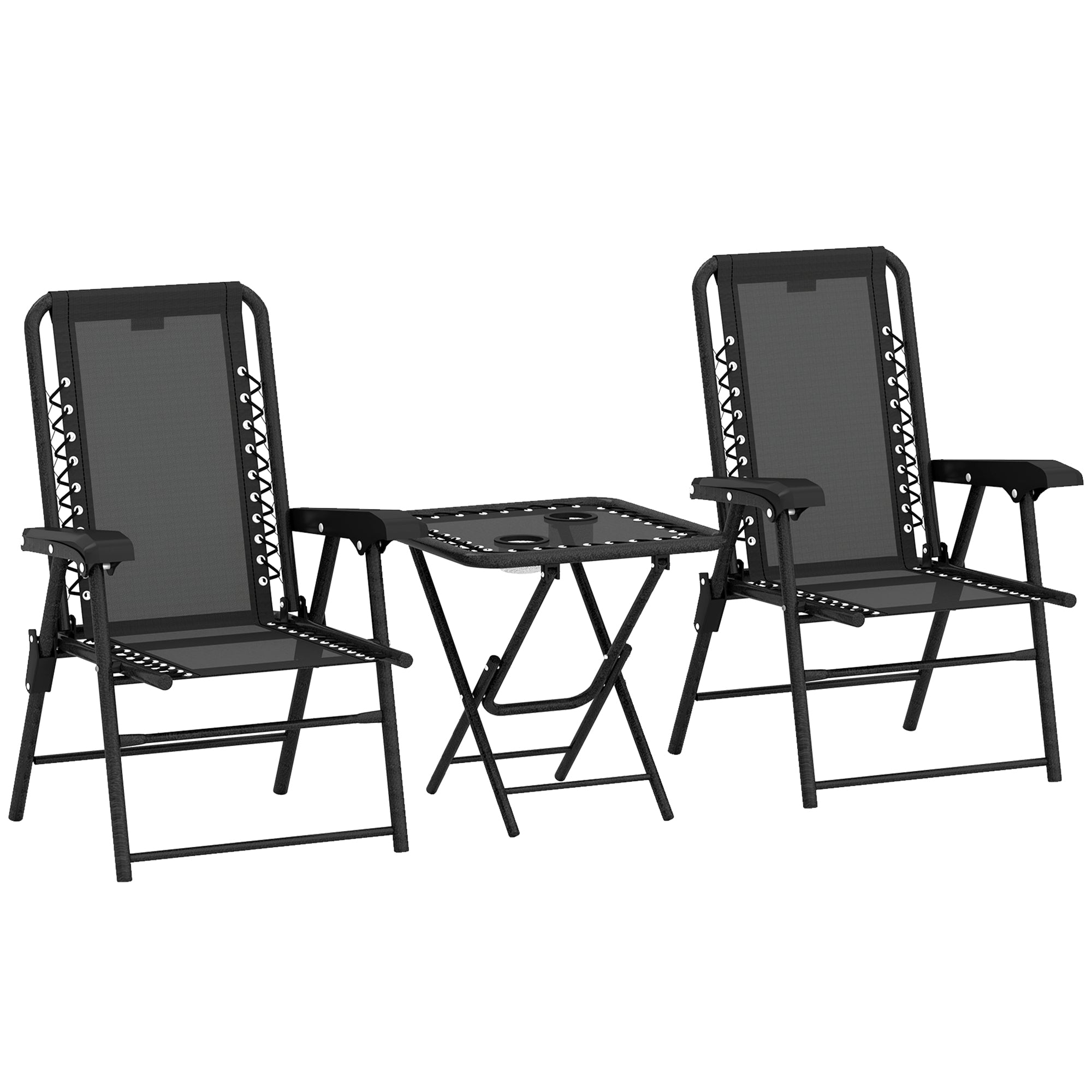 3-Piece Folding Bistro Set – Powder-Coated Steel, Black (2 Chairs + Table) with Cup Holders