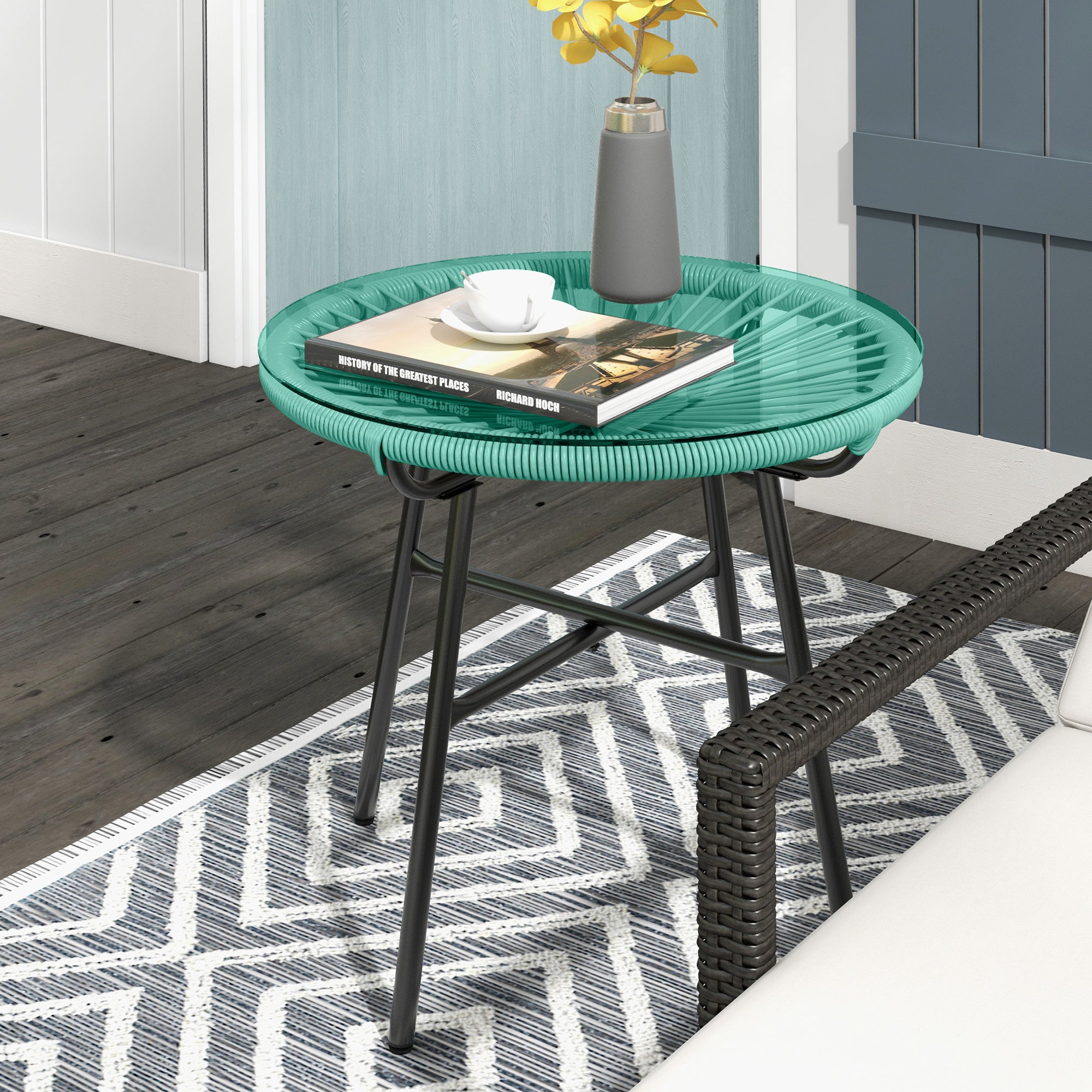 Round Garden Coffee Table in Rattan Effect Resin, Metal, and Tempered Glass Top Ø 50 x 50 cm Green