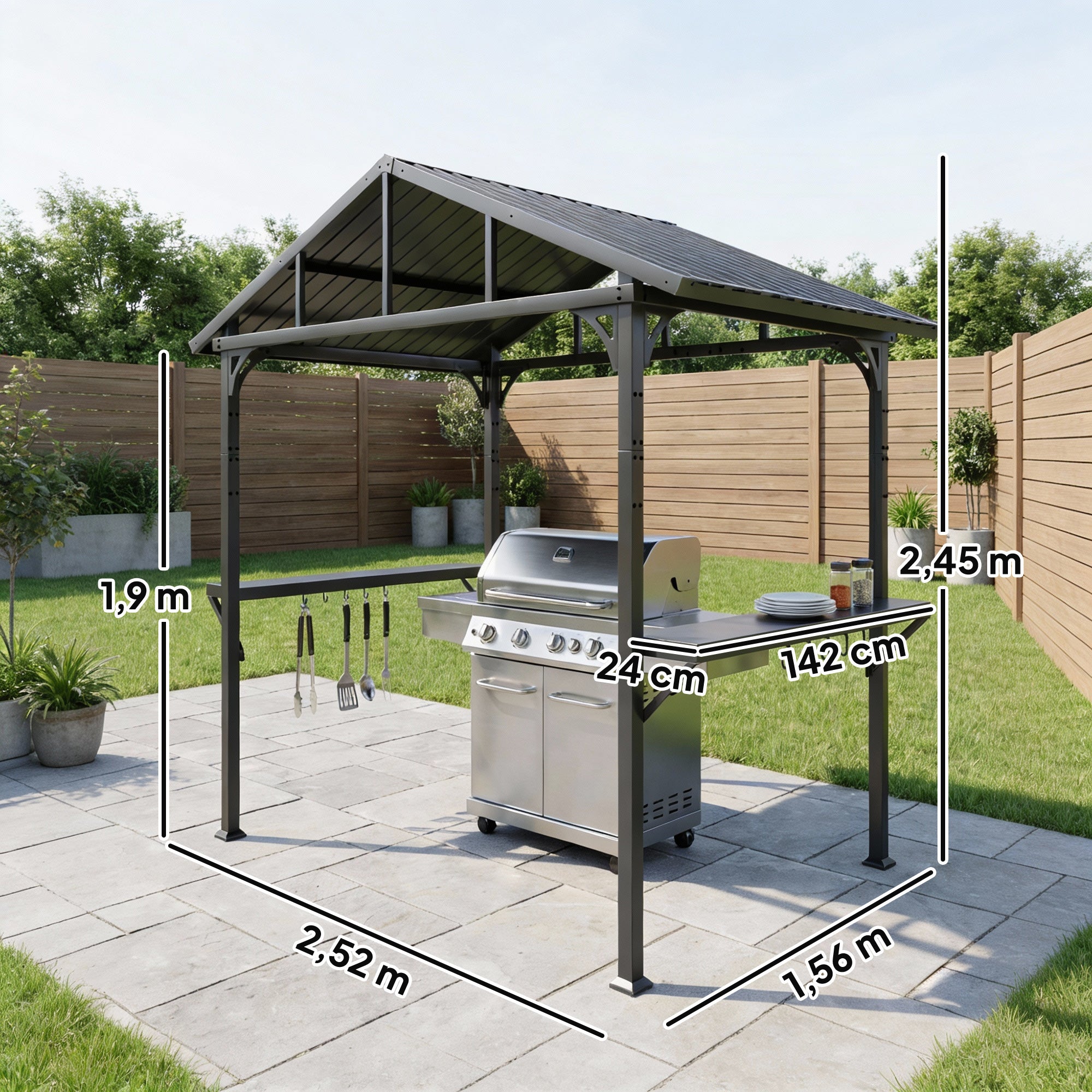 BBQ Shelter Gazebo 252 x 156 x 248 cm Steel Hard Top with 2 Side Shelves & Hooks — Outdoor Grill Canopy for Patio, Garden, Yard, Black