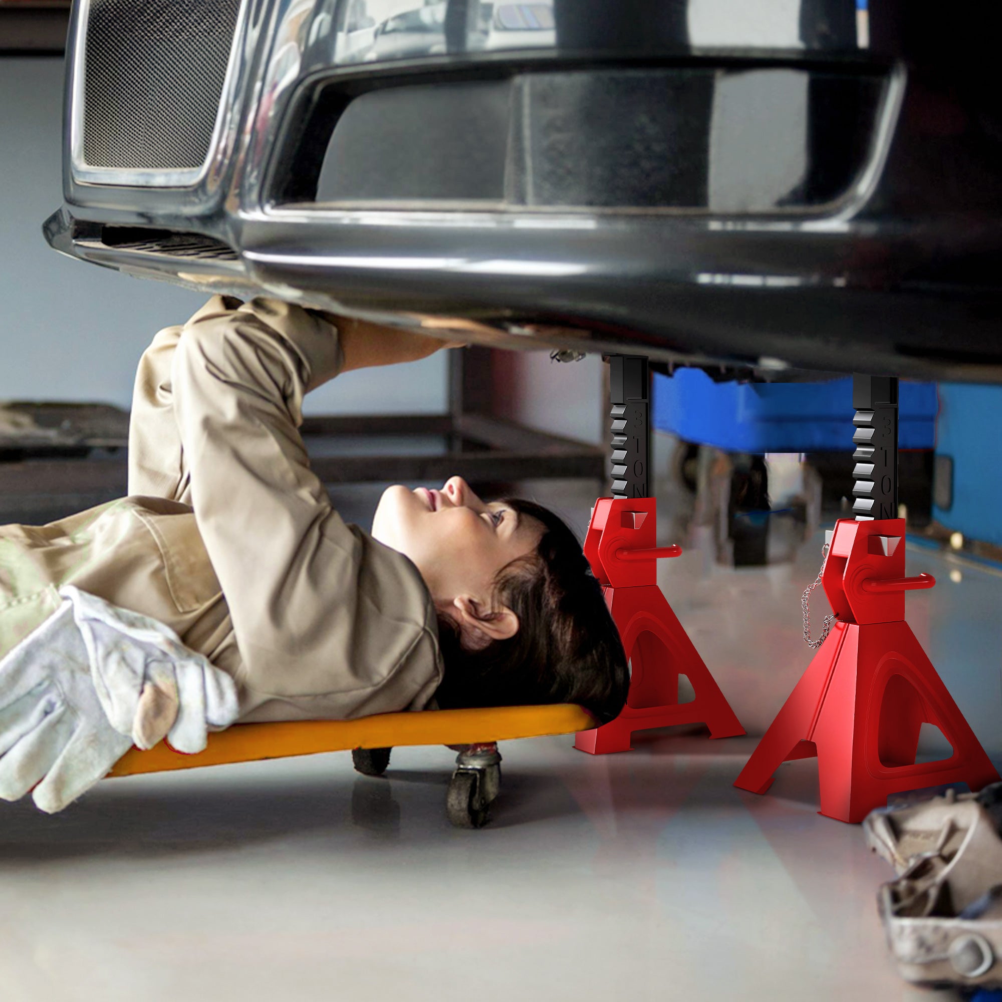 Set of 2 Car Jacks, 3-Ton Lifting Capacity, Adjustable Height from 290 to 418 mm, Large Base with Safety Pin, for Vehicle, Caravan, Workshop, Garage, Red