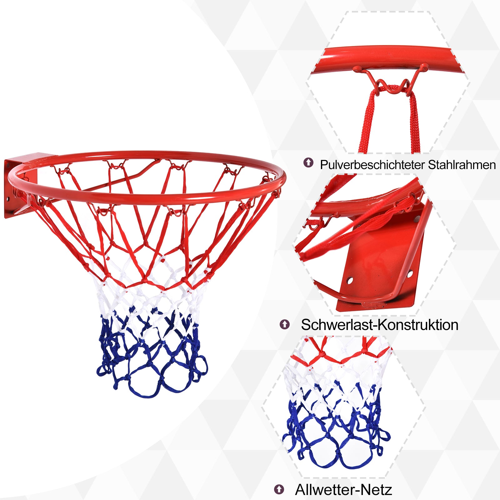 Basketball Hoop, Indoor & Outdoor with Ø46 cm Rim and Net, Wall Mount, Basketball Board for Teenagers Adults, Red + Blue + White