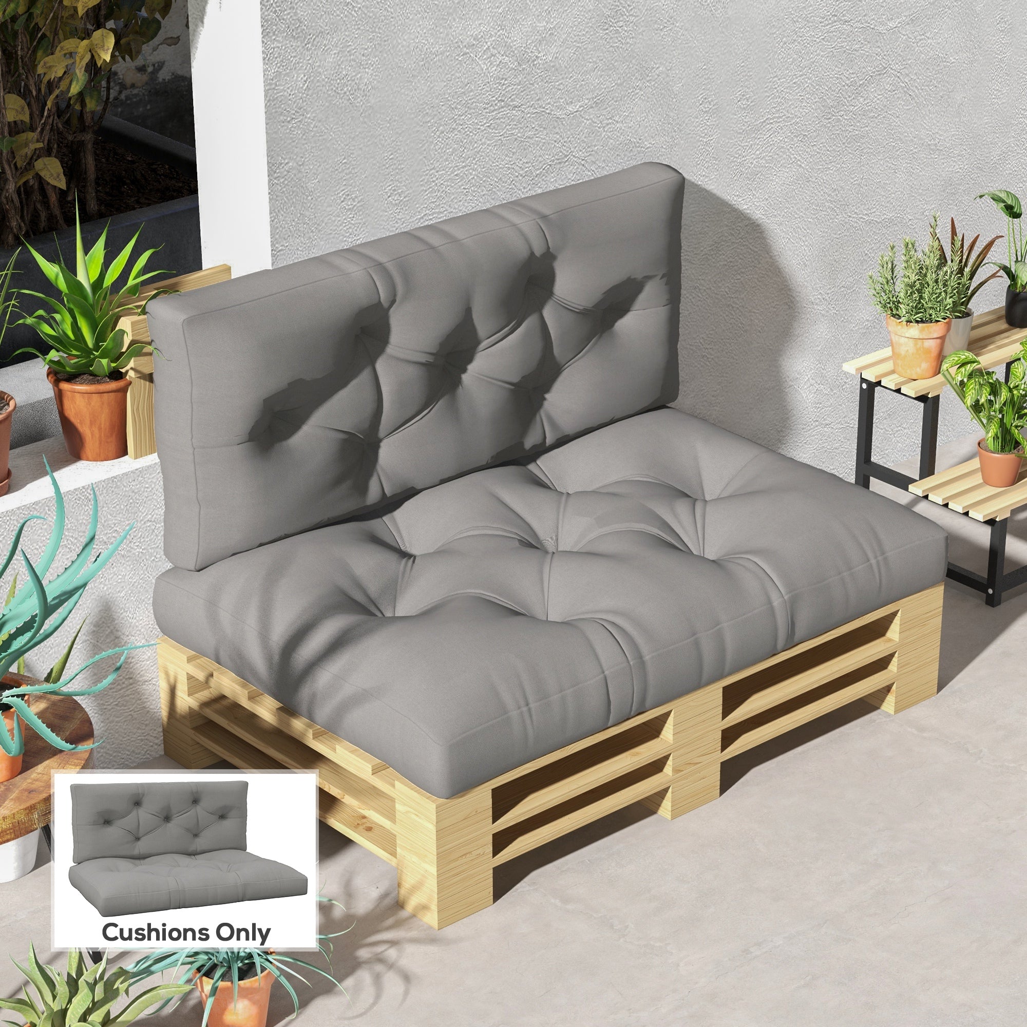 2-Piece Pallet Sofa Cushion Set 120 x 80 x 10 cm Seat + 120 x 40 x 10 cm Backrest, UV-Protected, Water-Resistant Outdoor Pad for Pallet Sofa/Balcony – Light Gray
