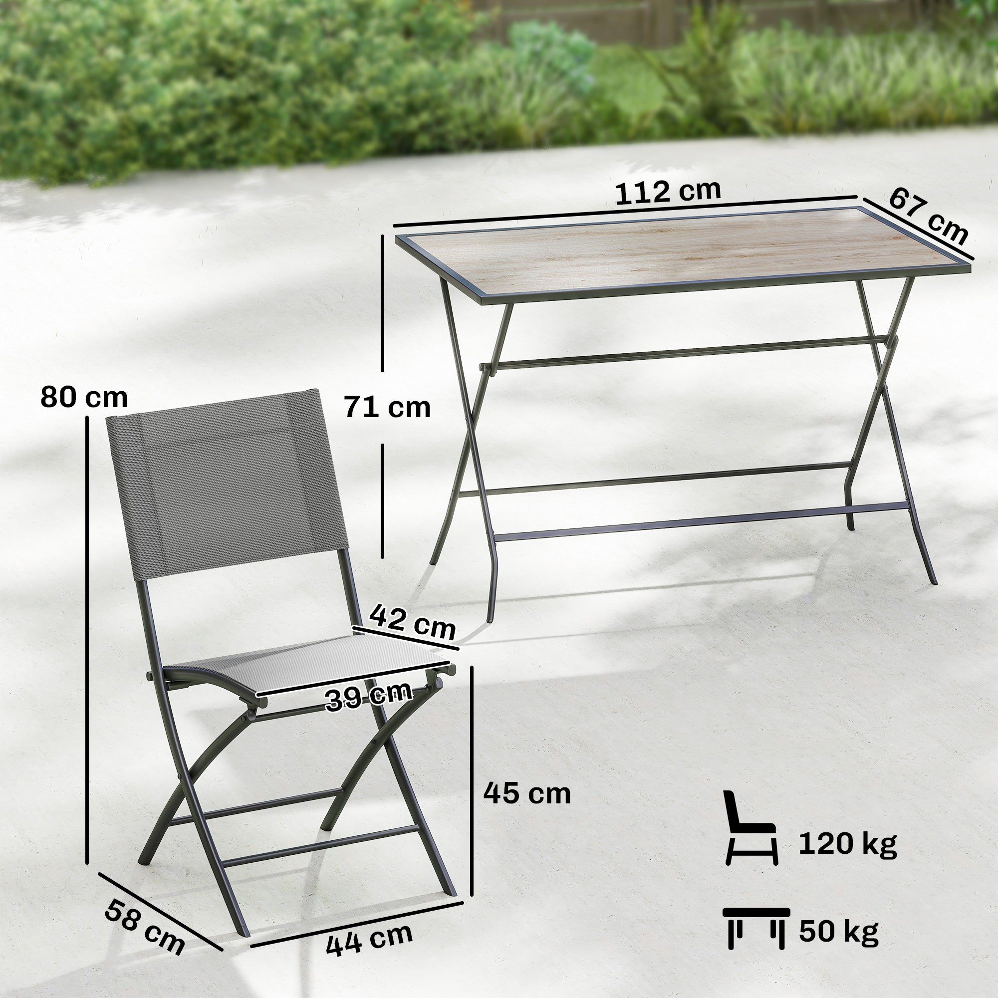 5-Piece Folding Garden Dining Set – Gray Wood-Look Table with 4 Breathable Mesh Chairs, Space-Saving Weather-Resistant Patio Set