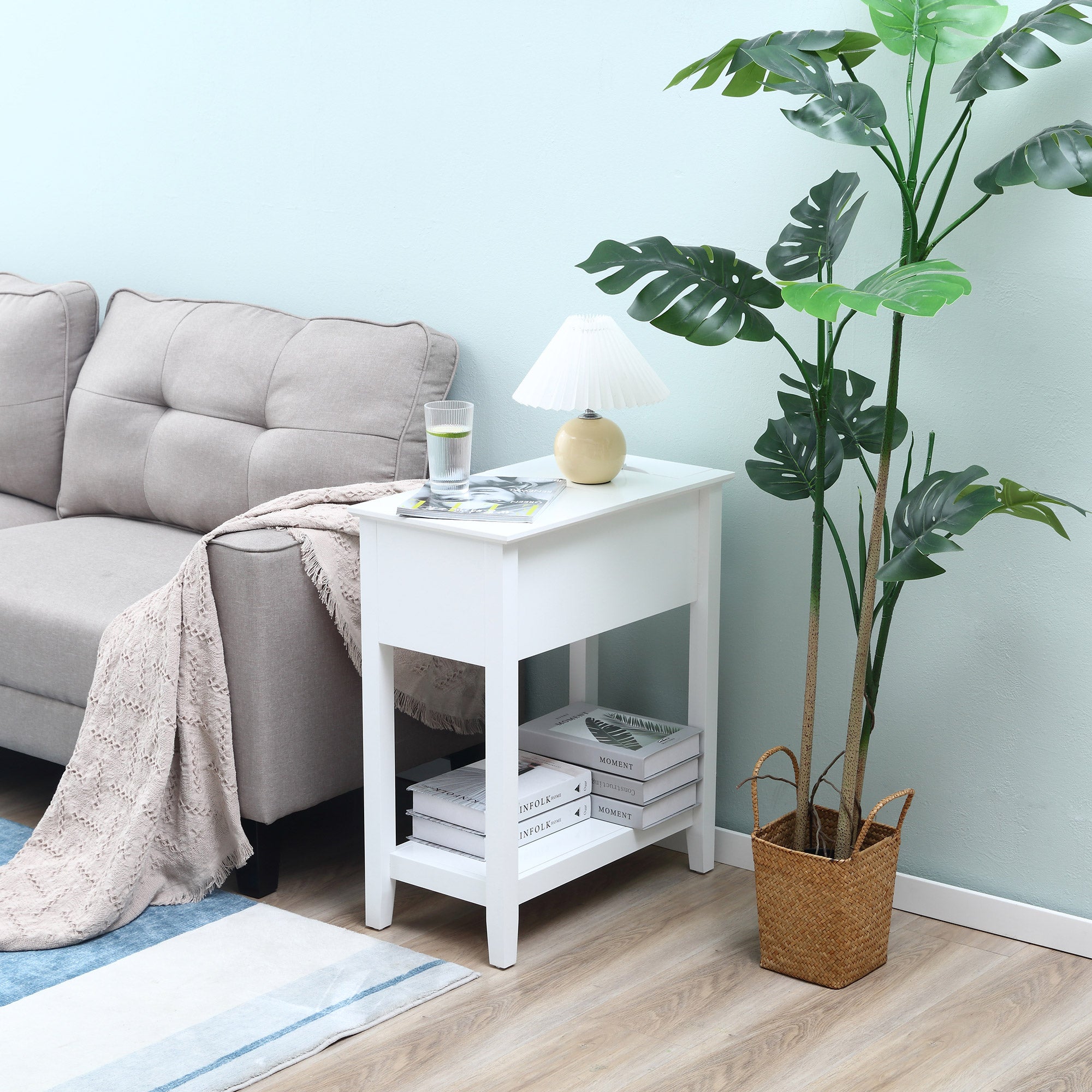 Bedside Table with Flip Top, Storage Shelf, and Hidden Cable Hole for Living Room Bedroom 60.5x32.5x70 cm White