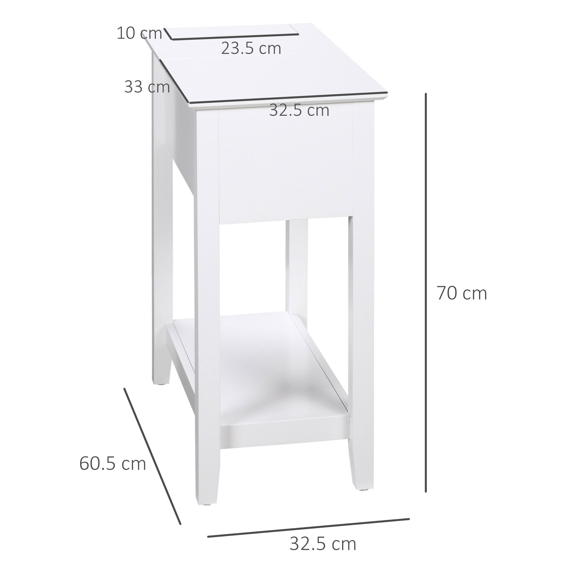 Bedside Table with Flip Top, Storage Shelf, and Hidden Cable Hole for Living Room Bedroom 60.5x32.5x70 cm White