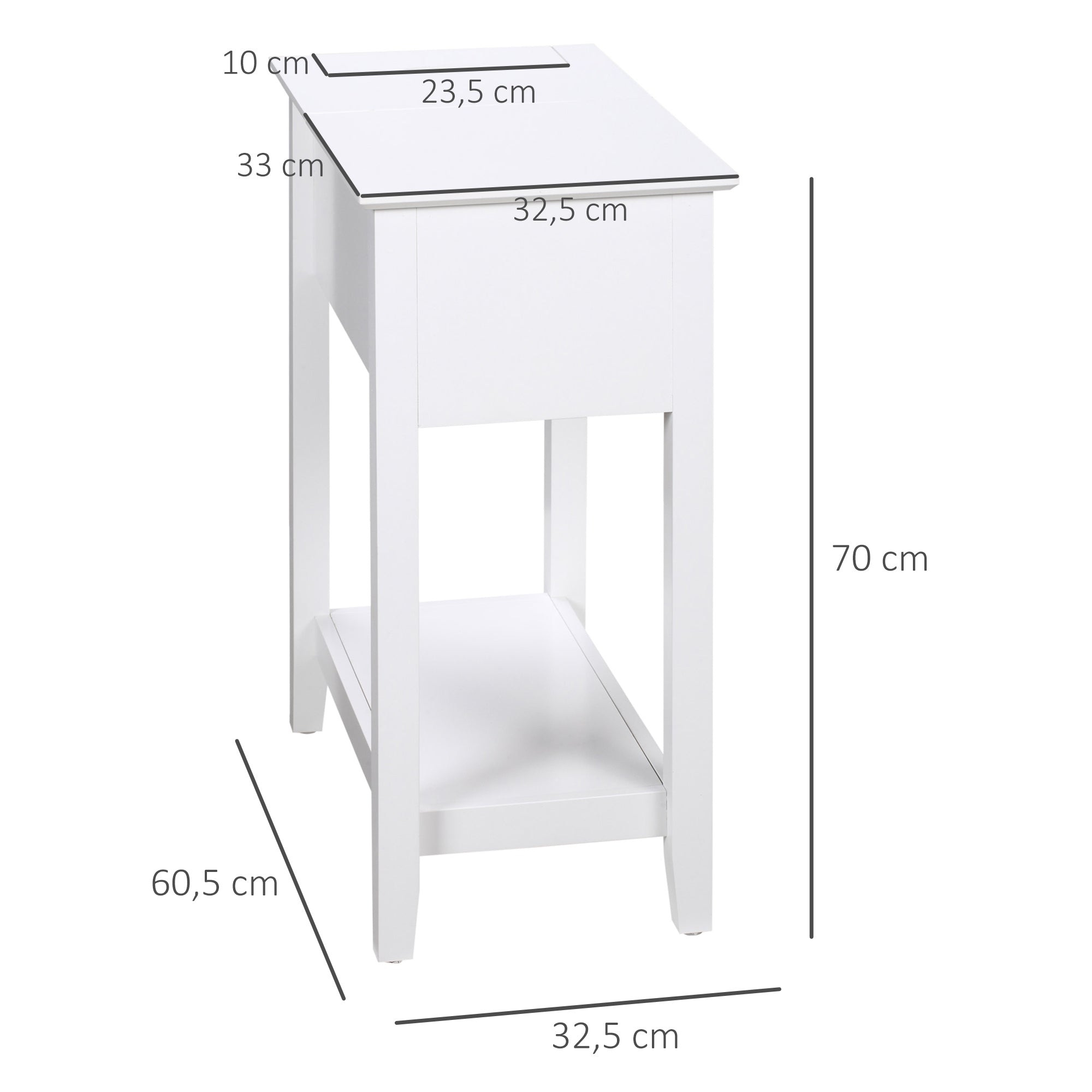 Bedside Table with Flip Top, Storage Shelf, and Hidden Cable Hole for Living Room Bedroom 60.5x32.5x70 cm White