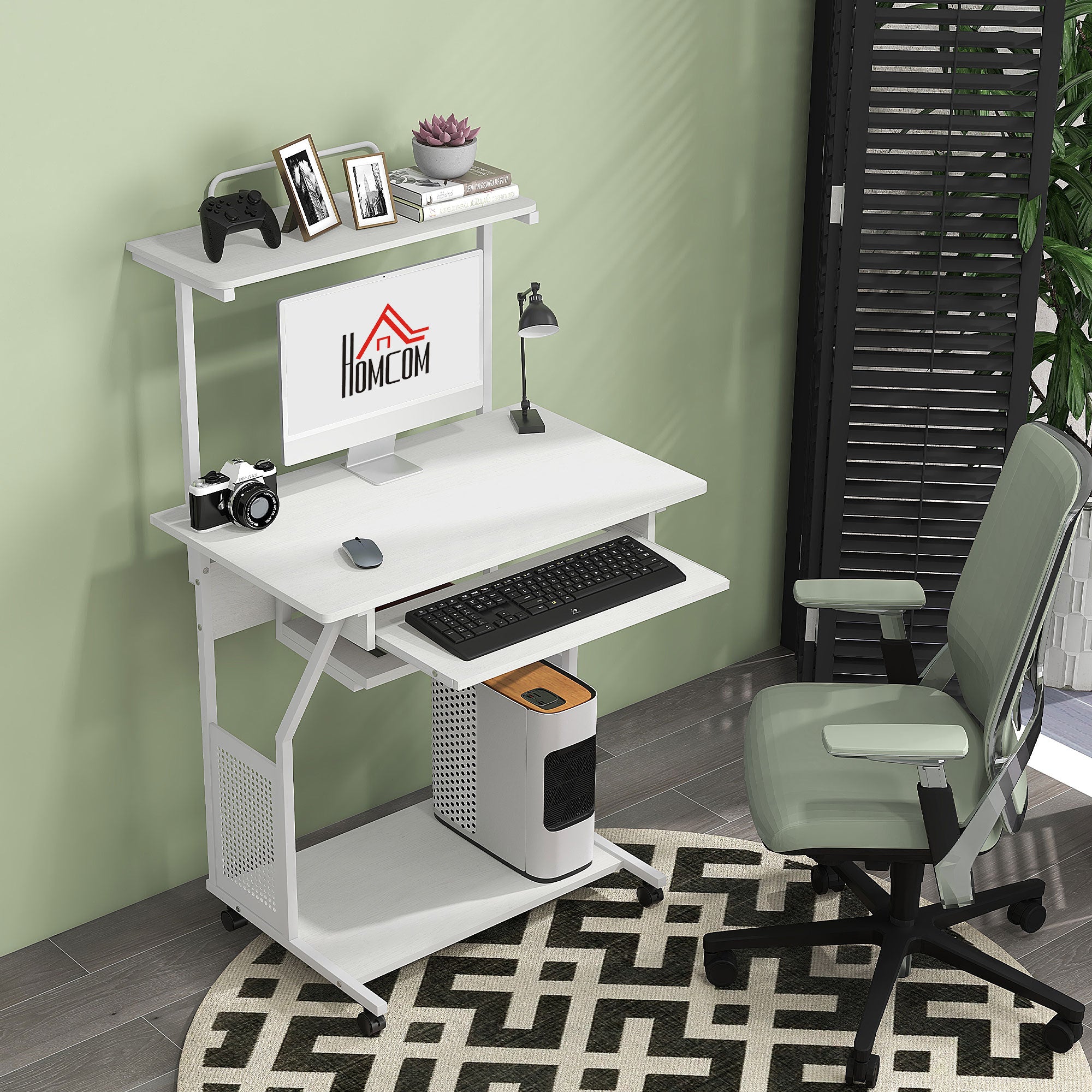 Computer Desk, Rolling Desk with Storage Shelves, Workstation and Keyboard Tray, Computer Table on Wheels, 80 x 50 x 130 cm, White