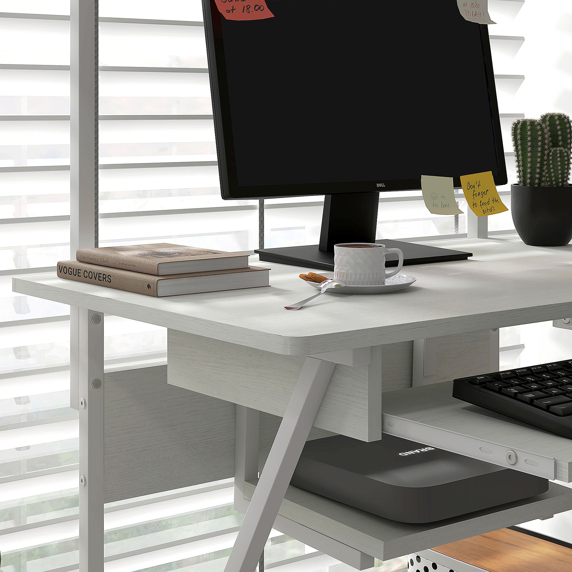 Computer Desk, Rolling Desk with Storage Shelves, Workstation and Keyboard Tray, Computer Table on Wheels, 80 x 50 x 130 cm, White