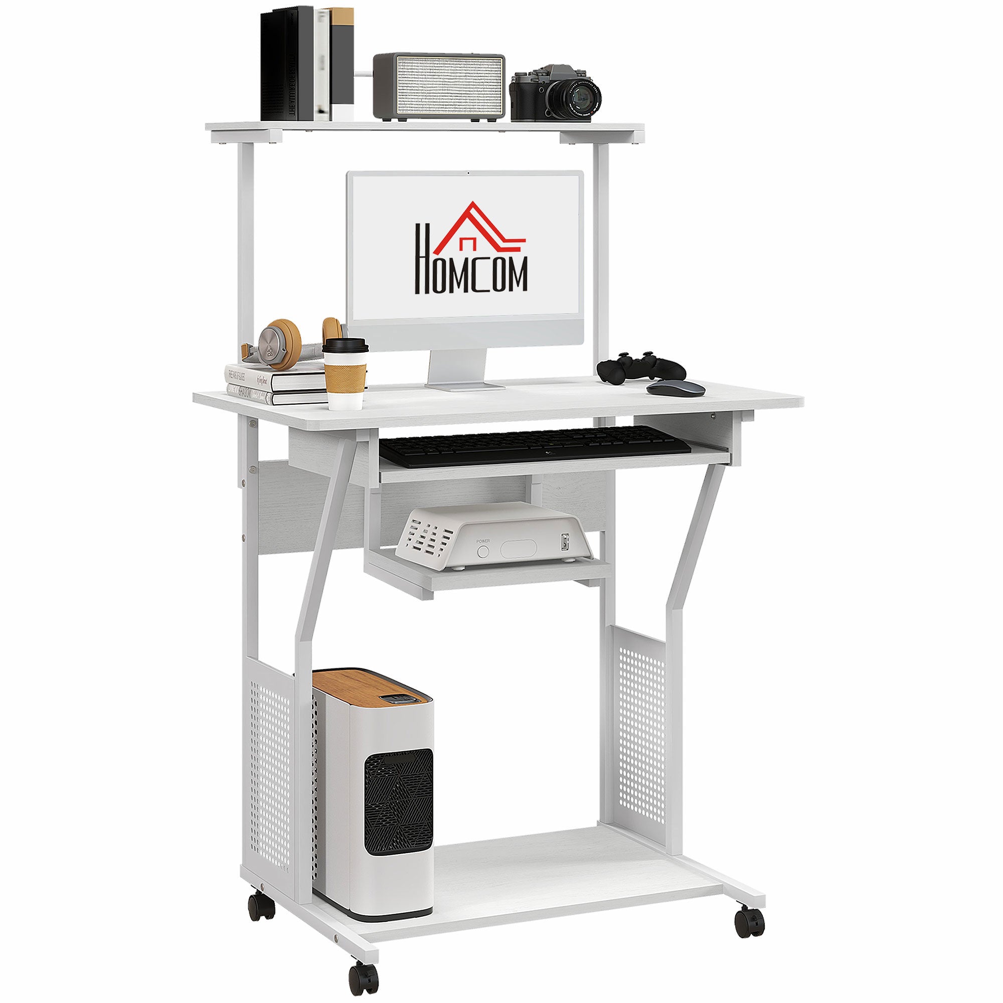Computer Desk, Rolling Desk with Storage Shelves, Workstation and Keyboard Tray, Computer Table on Wheels, 80 x 50 x 130 cm, White