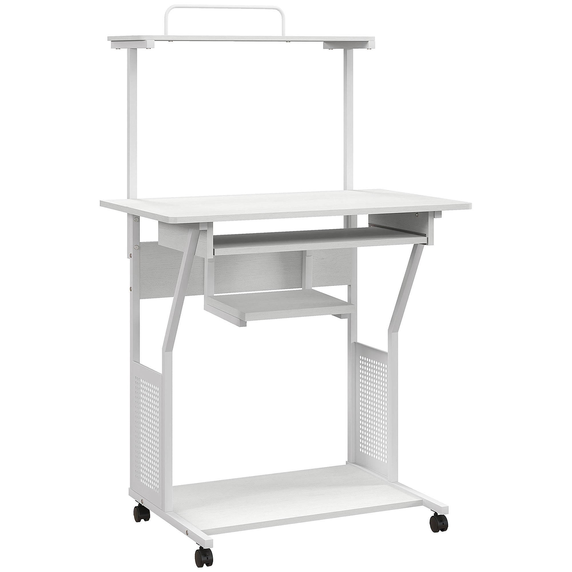 Computer Desk, Rolling Desk with Storage Shelves, Workstation and Keyboard Tray, Computer Table on Wheels, 80 x 50 x 130 cm, White