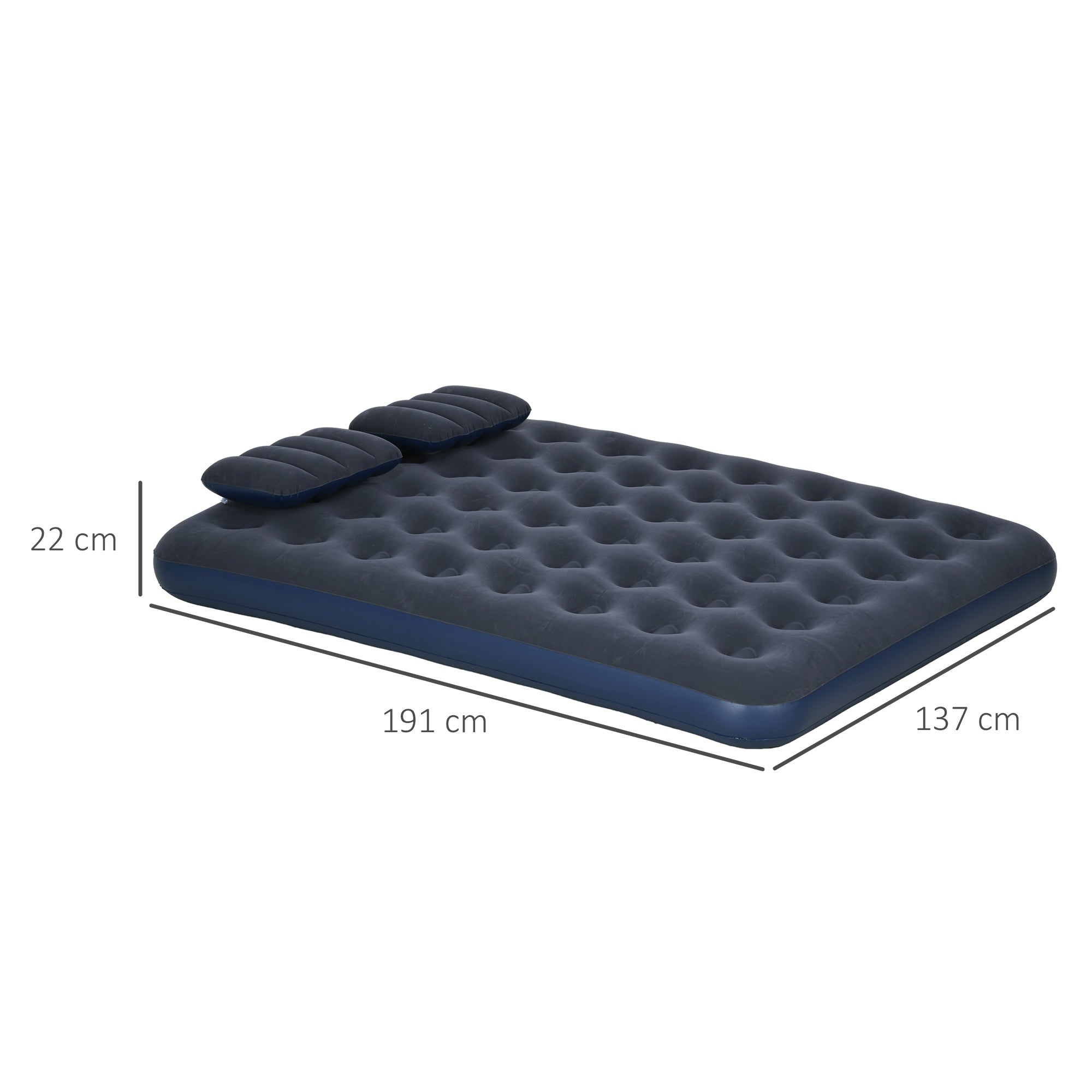 Double Inflatable Mattress 191x137x22 cm with Manual Pump Foldable Airbed with 2 Integrated Pillows Flocked Surface for Guests Home Travel Camping