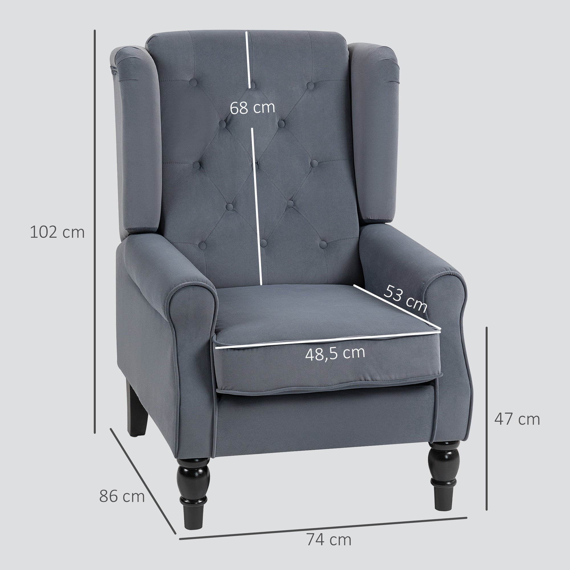 Wingback Armchair with Armrests, Tufted Lounge Chair with Cushion, High Back Velvet-Look Accent Chair with Wooden Legs, Gray