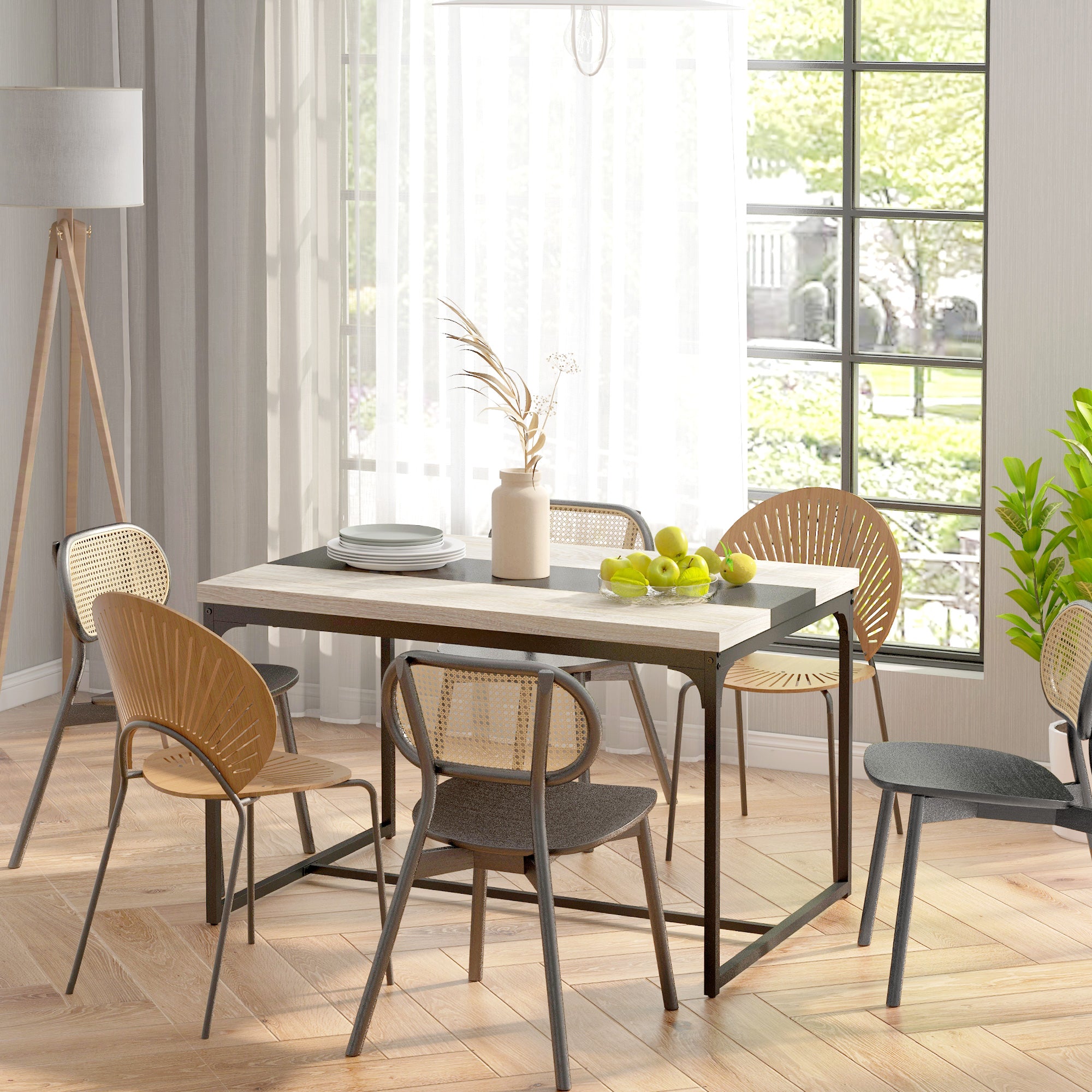 Dining Table Kitchen Table for 6 People, Industrial Style in Black Metal and Wood, Dim. 120L x 89W x 75.5H cm