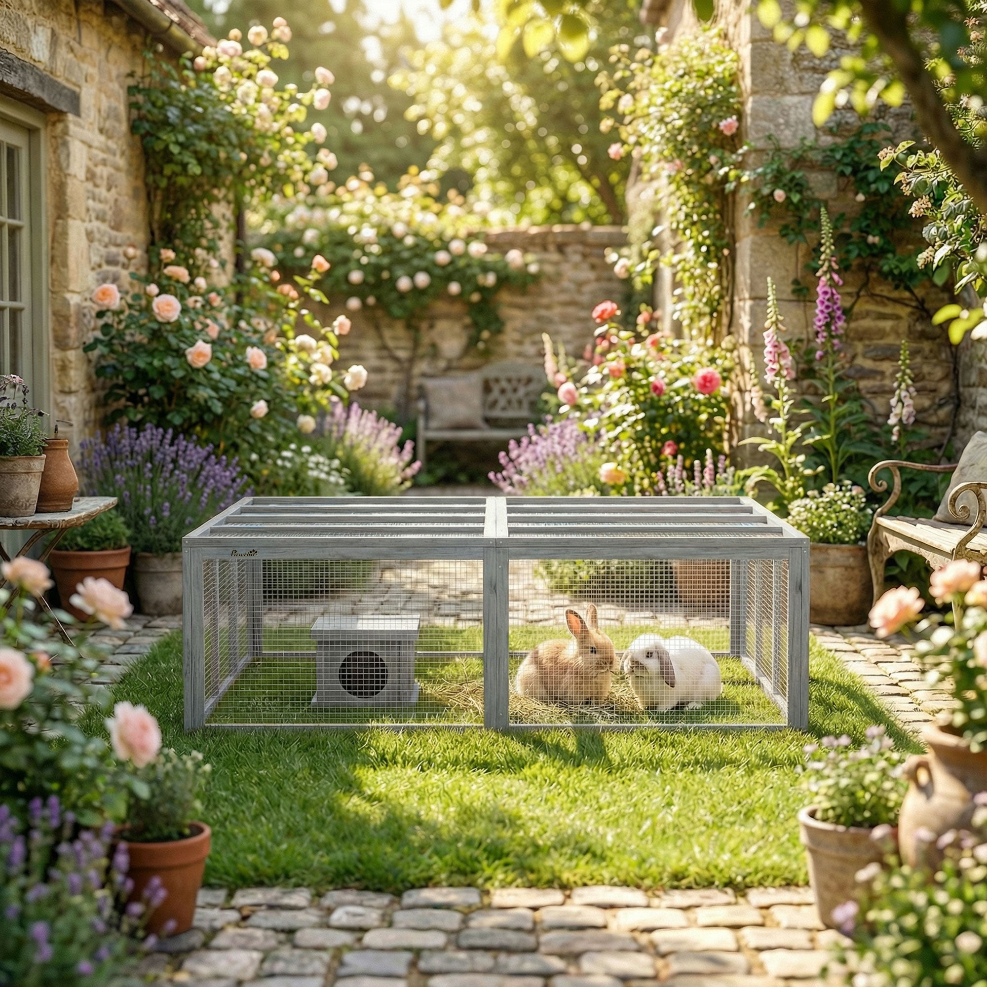 Outdoor Rabbit Run with Shelter, 180.4 x 150 x 48 cm (71" x 59" x 19") — Gray