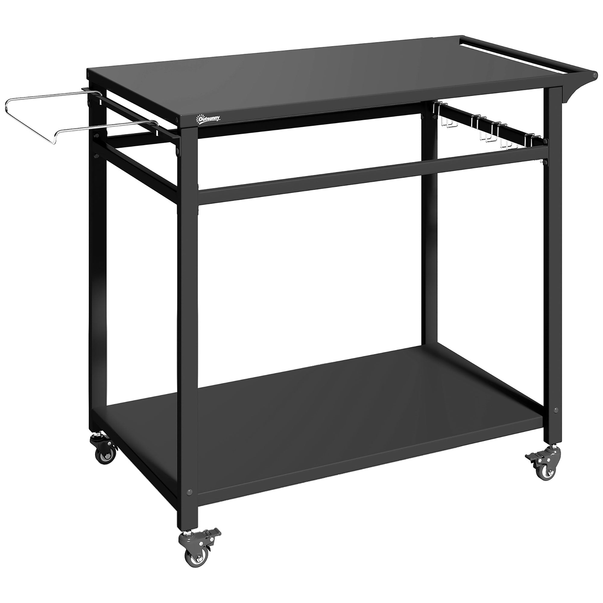 Outdoor BBQ Cart with 2 Metal Shelves, Outdoor Kitchen Table with Wheels, Handle, Trash Bag Holder & Hooks, 113 x 50.5 x 88 cm (44.5 x 19.9 x 34.6 in), Black