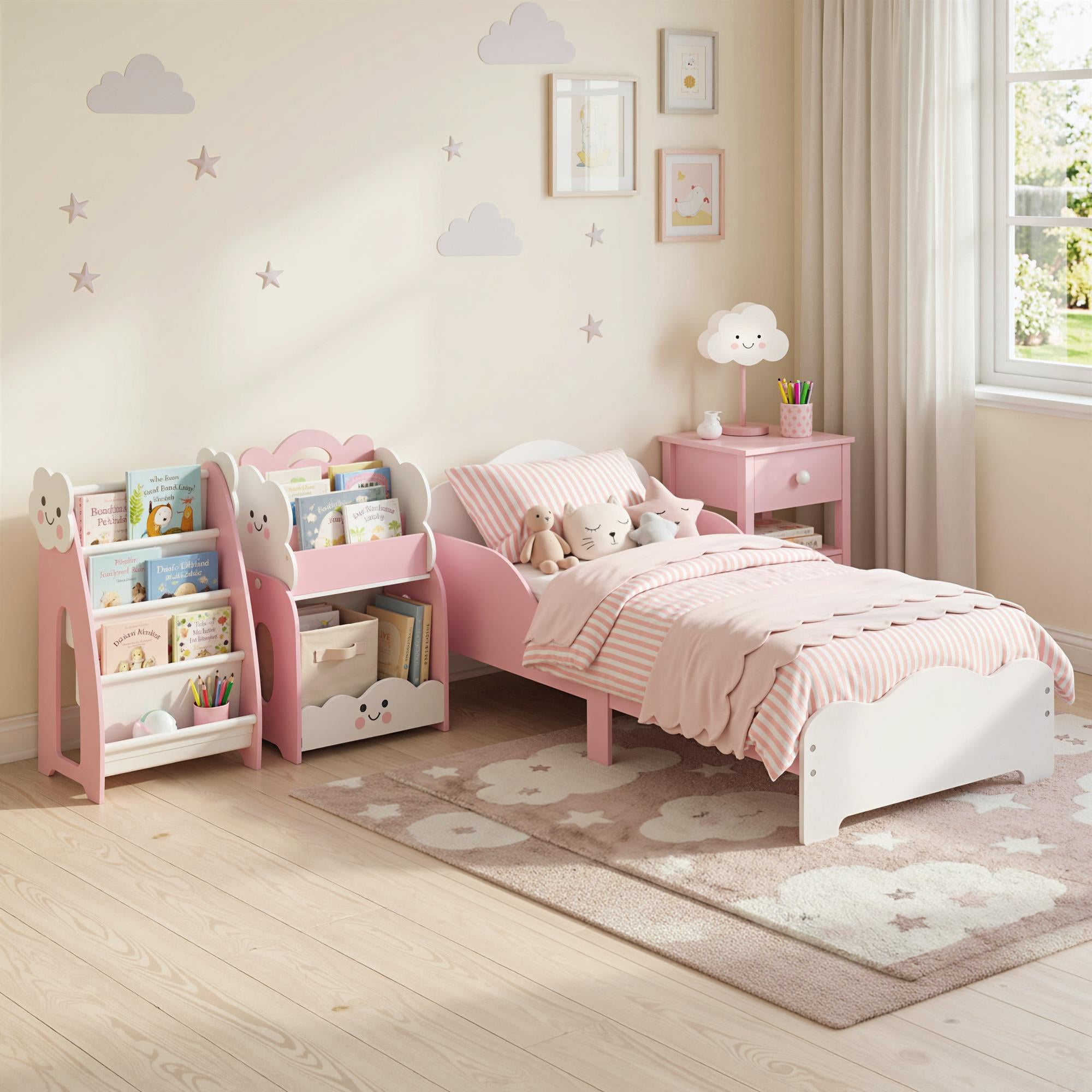 Toddler Bed 55 x 27.6 in (140×70 cm) with Guardrails & Slatted Base, Pink – Mattress Not Included