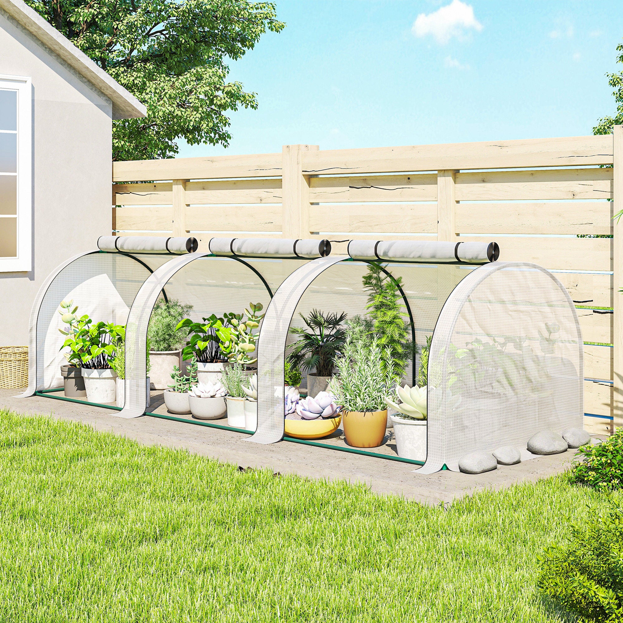 Mini Garden Greenhouse Tunnel for Tomatoes 3 x 1 x 0.8 m, Powder-Coated Steel Frame, High-Density 140 g/m² PE, UV-Resistant, 3 Roll-Up Zip Doors (White)