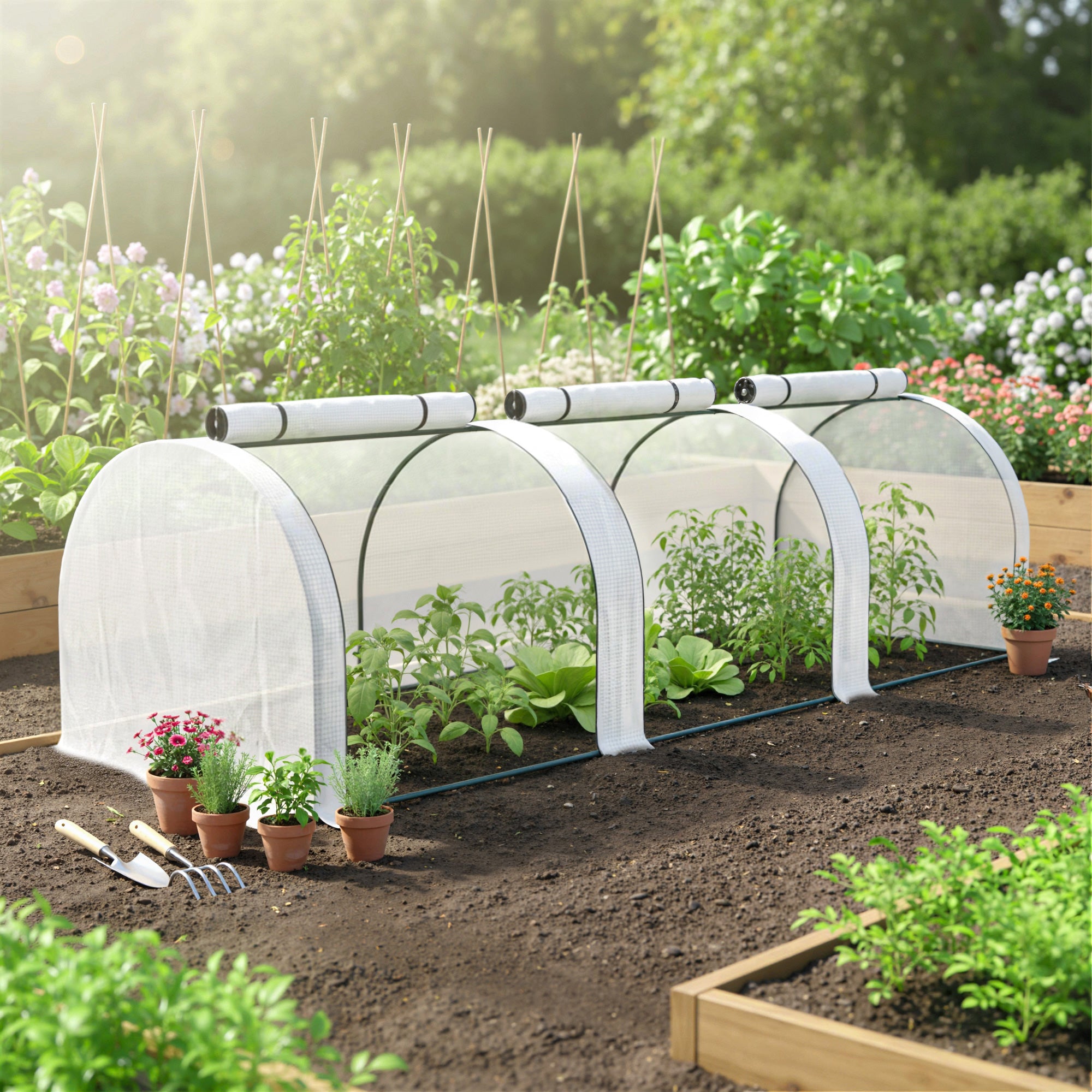 Mini Garden Greenhouse Tunnel for Tomatoes 3 x 1 x 0.8 m, Powder-Coated Steel Frame, High-Density 140 g/m² PE, UV-Resistant, 3 Roll-Up Zip Doors (White)