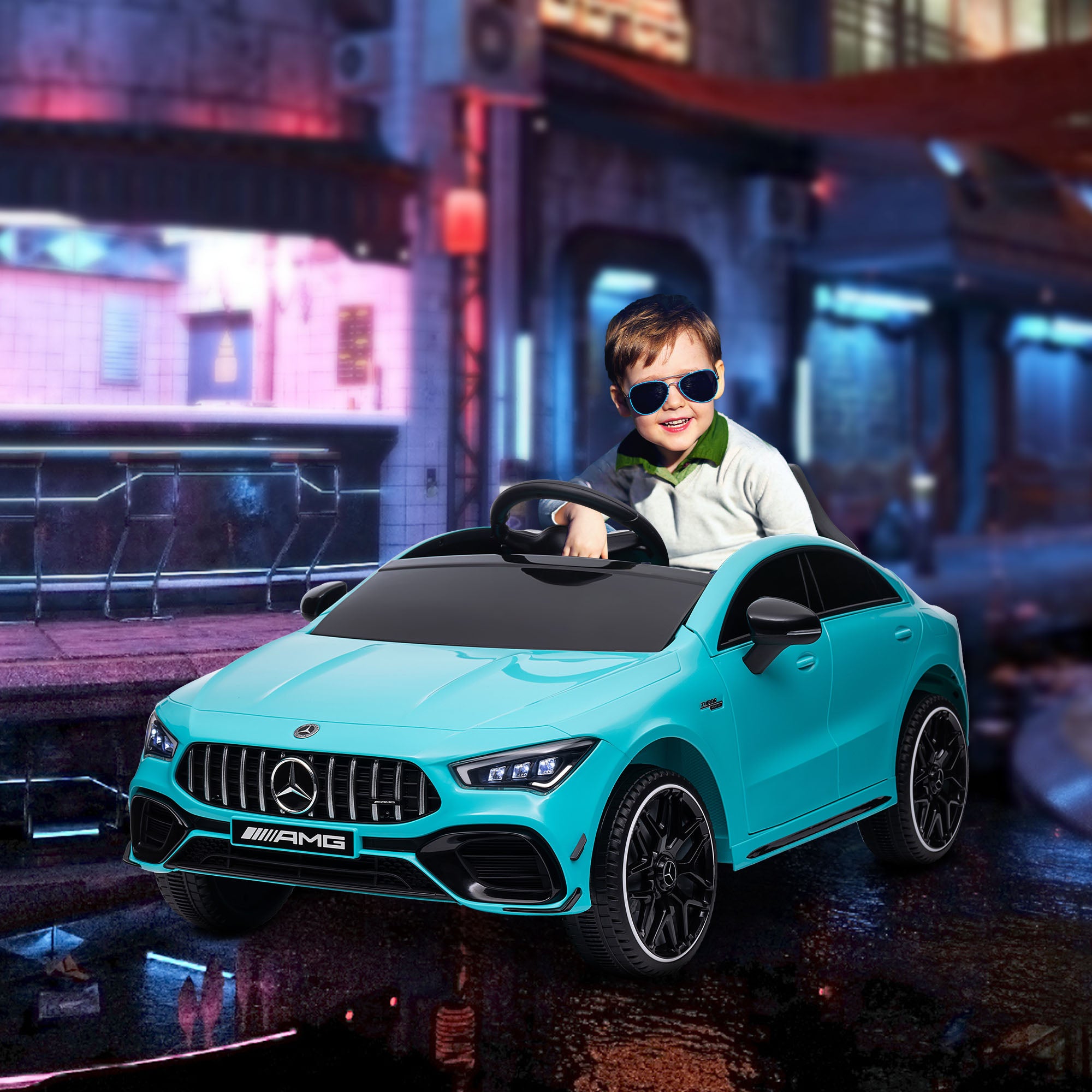 Kids Electric Car Mercedes-Benz AMG CLA 45, 12V Kids Car with 2.4GHz Remote Control, Music, Electric Vehicle with Light, USB/MP3 Connection, Kids Vehicle with Horn, for 3-6 Years, Light Blue