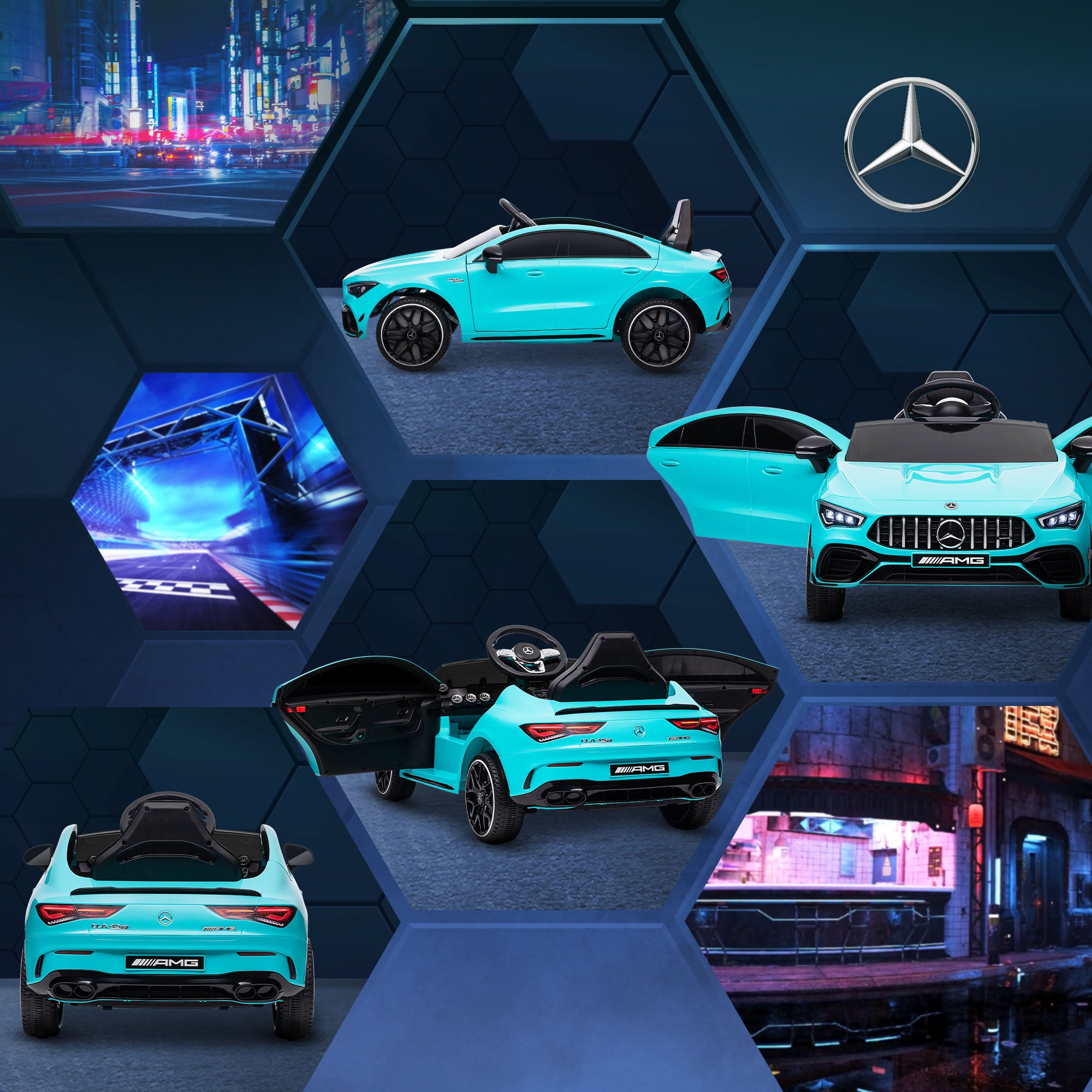 Kids Electric Car Mercedes-Benz AMG CLA 45, 12V Kids Car with 2.4GHz Remote Control, Music, Electric Vehicle with Light, USB/MP3 Connection, Kids Vehicle with Horn, for 3-6 Years, Light Blue