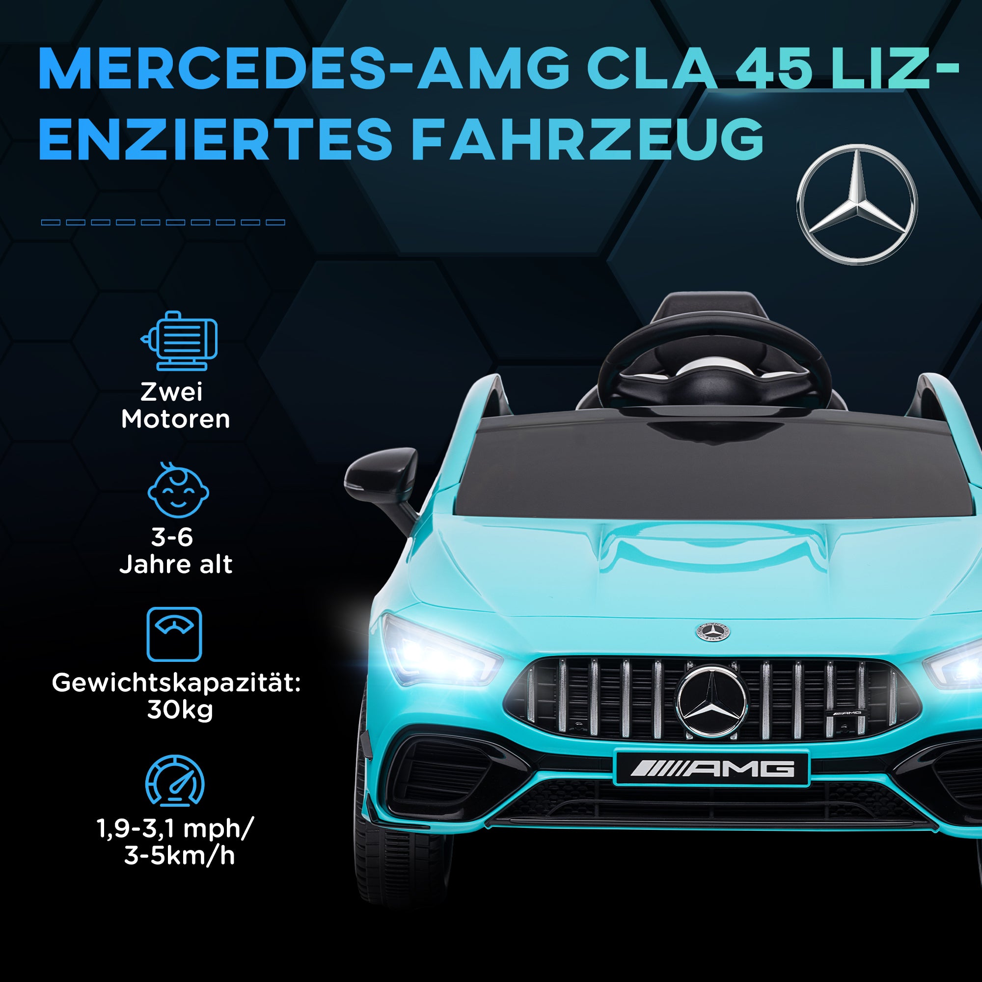 Kids Electric Car Mercedes-Benz AMG CLA 45, 12V Kids Car with 2.4GHz Remote Control, Music, Electric Vehicle with Light, USB/MP3 Connection, Kids Vehicle with Horn, for 3-6 Years, Light Blue