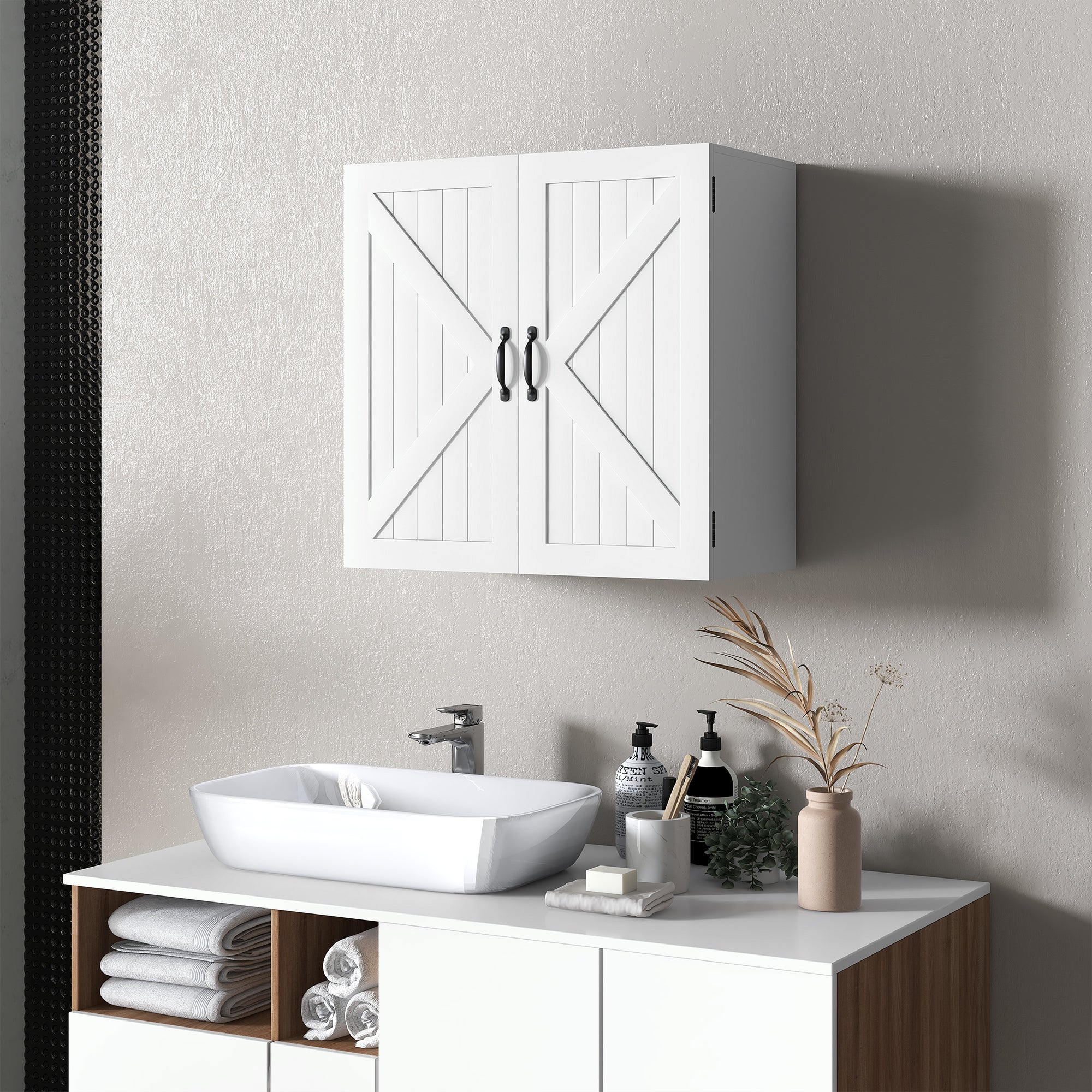 Wooden Bathroom Wall Cabinet, Space-Saving Country Style with Adjustable Shelf, 60x30x60cm, White