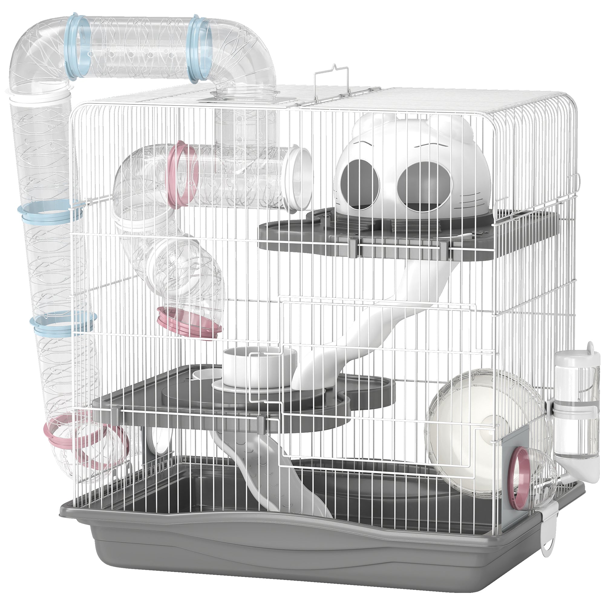 3-Level Hamster Cage with 14 Tubes, House, Ramp, Bowls, Water Bottle & Drip Tray — Metal & Plastic, 45 x 30 x 45 cm (17.7 x 11.8 x 17.7 in), Grey