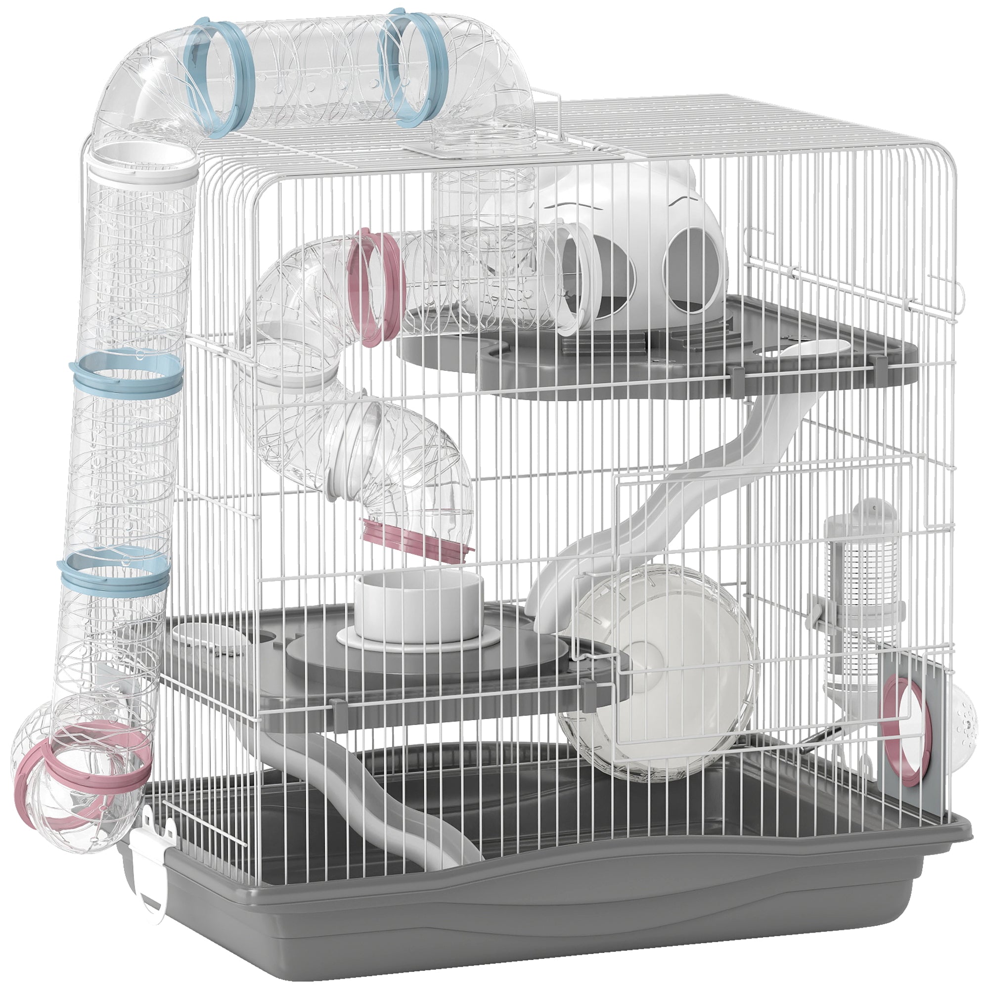 3-Level Hamster Cage with 14 Tubes, House, Ramp, Bowls, Water Bottle & Drip Tray — Metal & Plastic, 45 x 30 x 45 cm (17.7 x 11.8 x 17.7 in), Grey