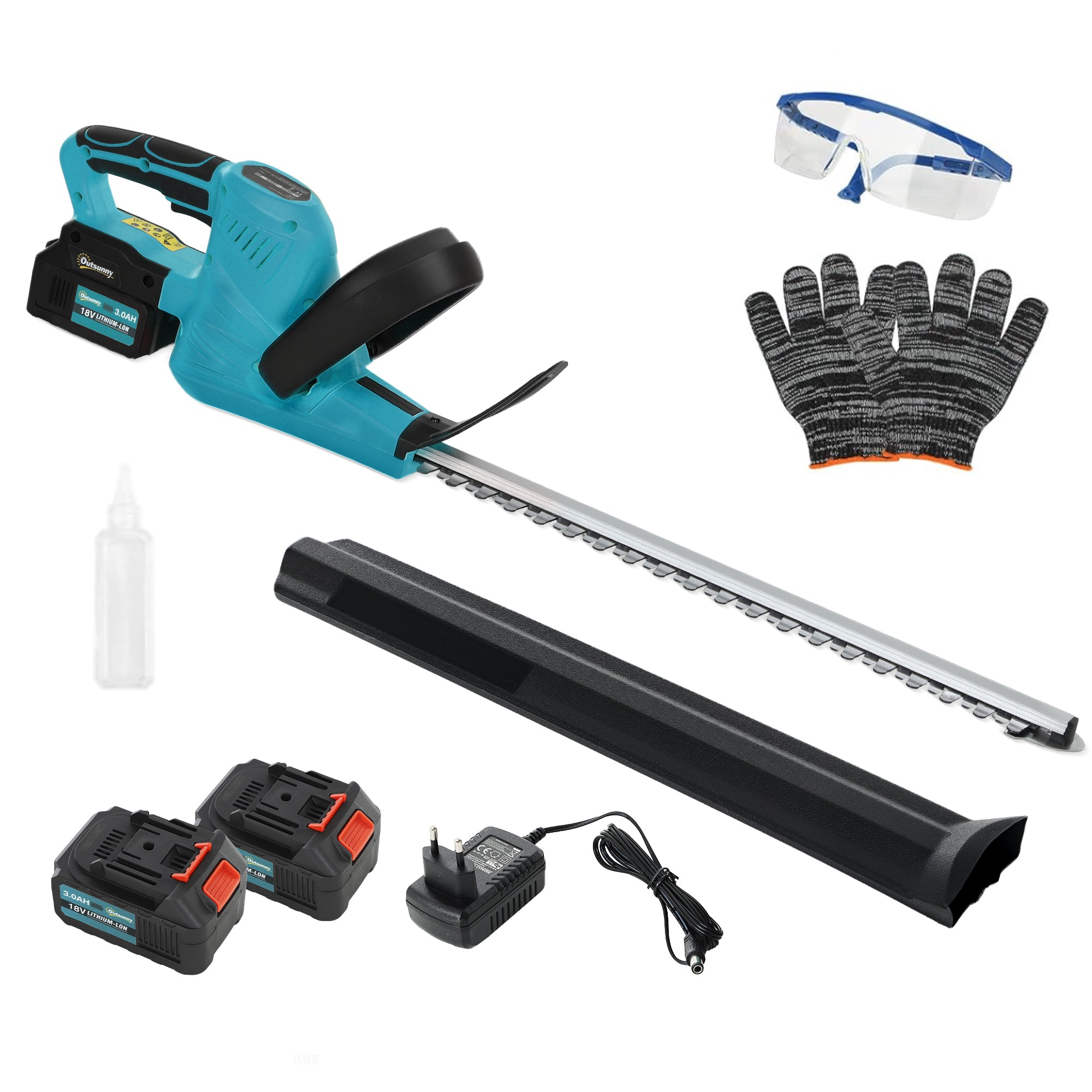Electric Hedge Trimmer with 2 Batteries 3 AH and 0.8A Charger, Cordless Hedge Trimmer with 51 cm Cutting Length, for Branches, Shrubs, and Twigs, Blue