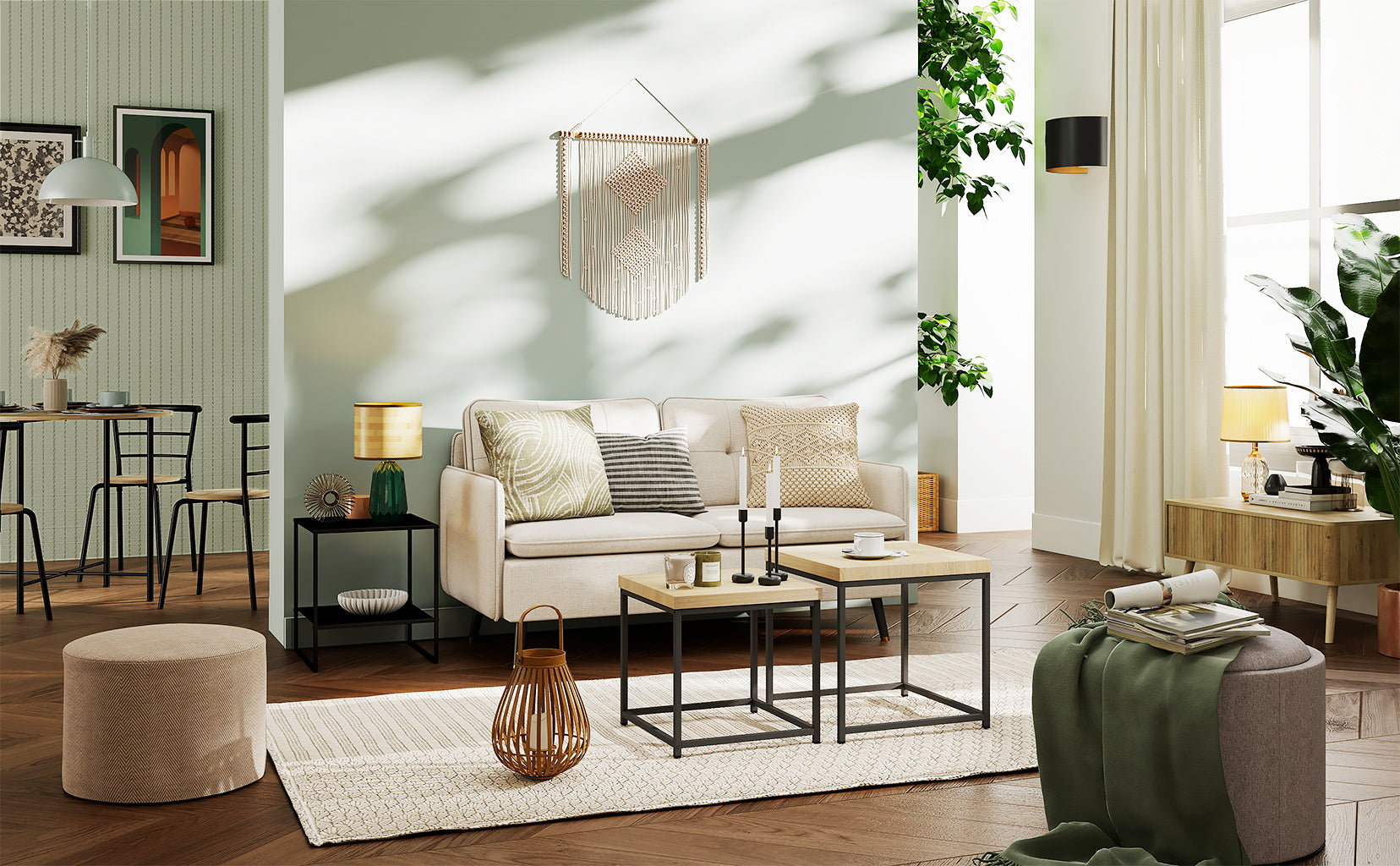 Modern living room with a beige sofa, coffee table, and decorative items.