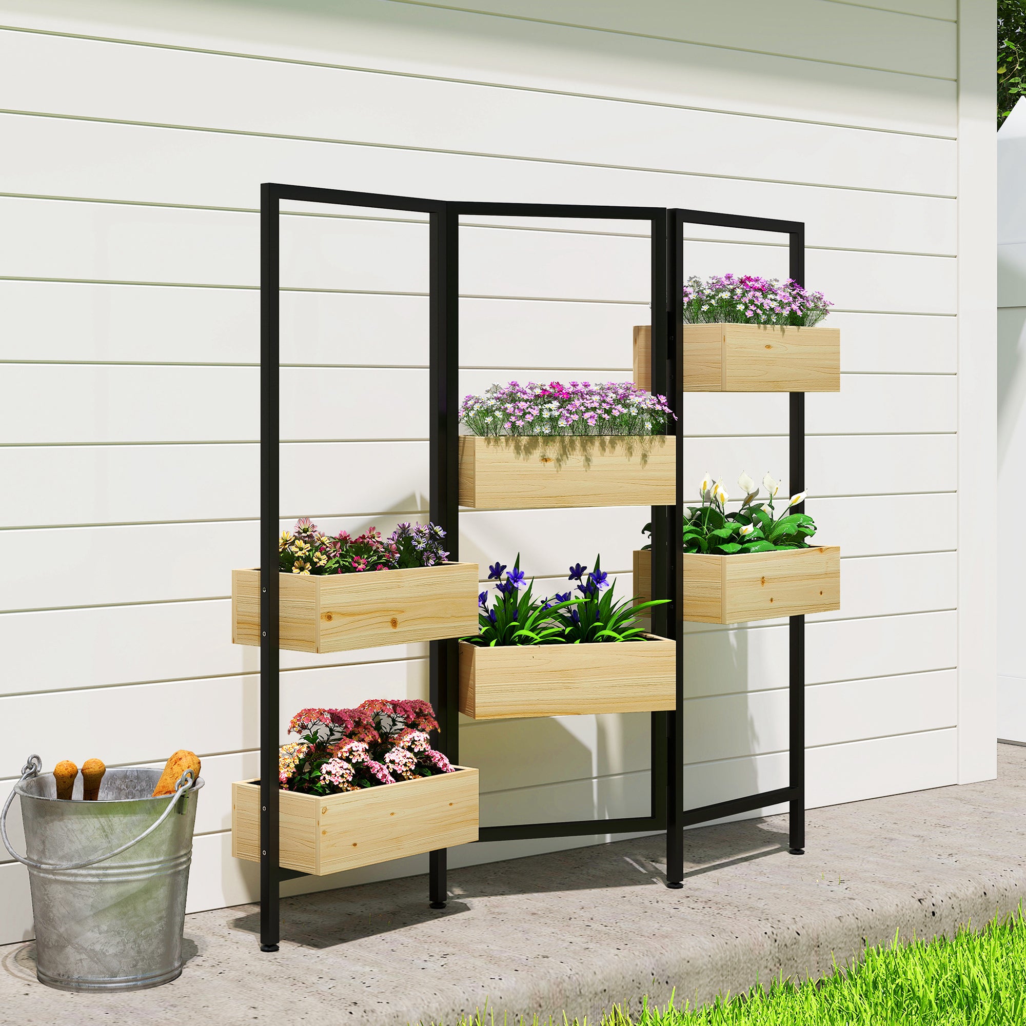 Foldable Vertical Planter & Trellis — 6 Wooden Planters with Drainage, Steel Room Divider for Patio, Balcony & Indoor (45.7 x 7.9 x 44.1 in)
