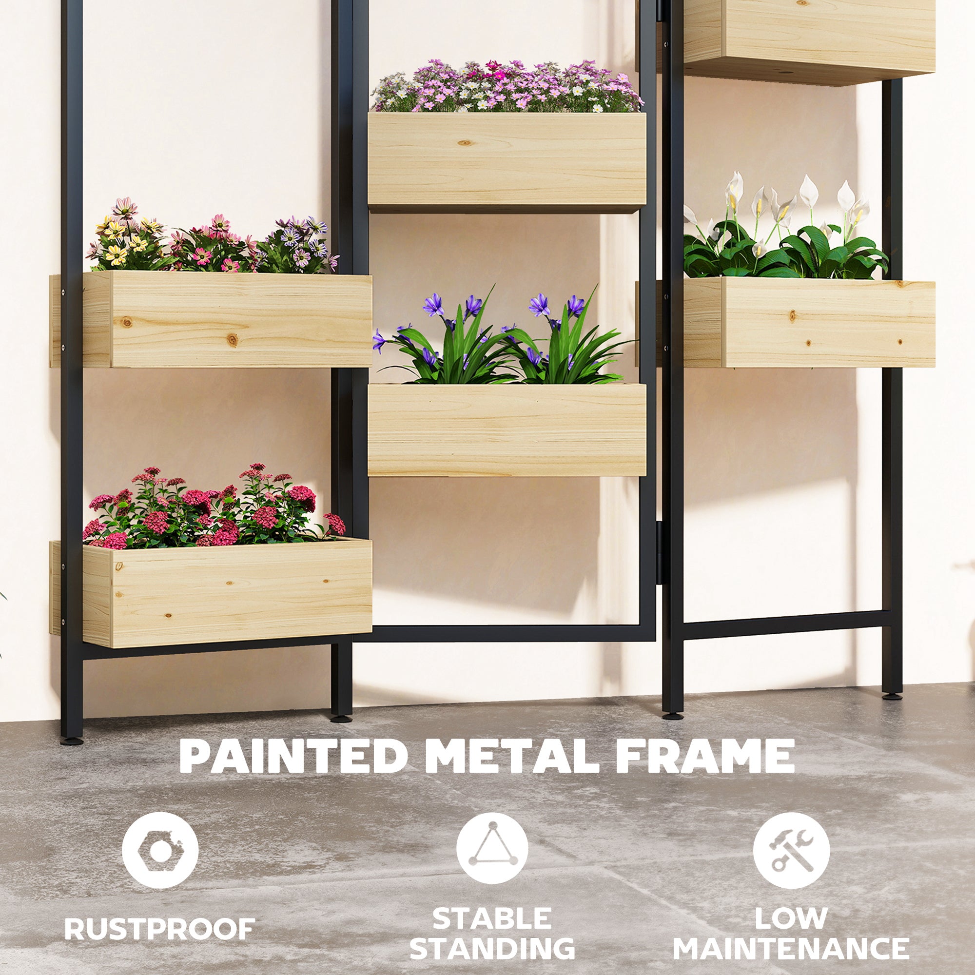 Foldable Vertical Planter & Trellis — 6 Wooden Planters with Drainage, Steel Room Divider for Patio, Balcony & Indoor (45.7 x 7.9 x 44.1 in)