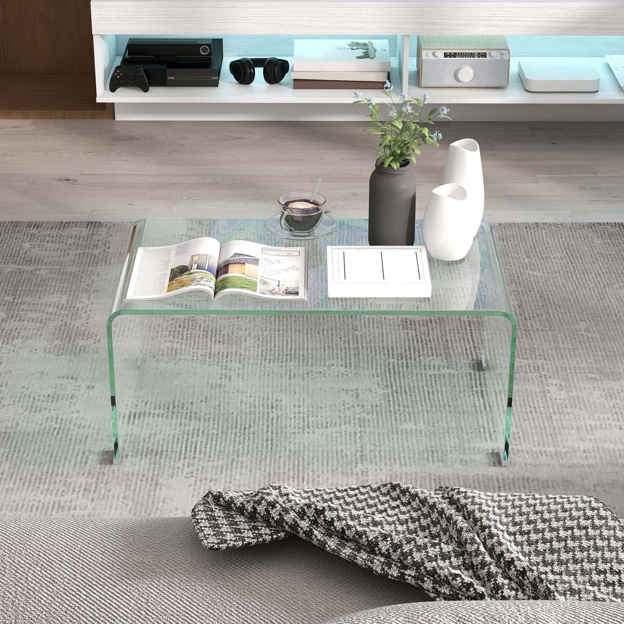 Transparent Glass Coffee Table Rectangular Modern Design Tempered Glass with Safe Rounded Edges 80 x 45 x 35 cm