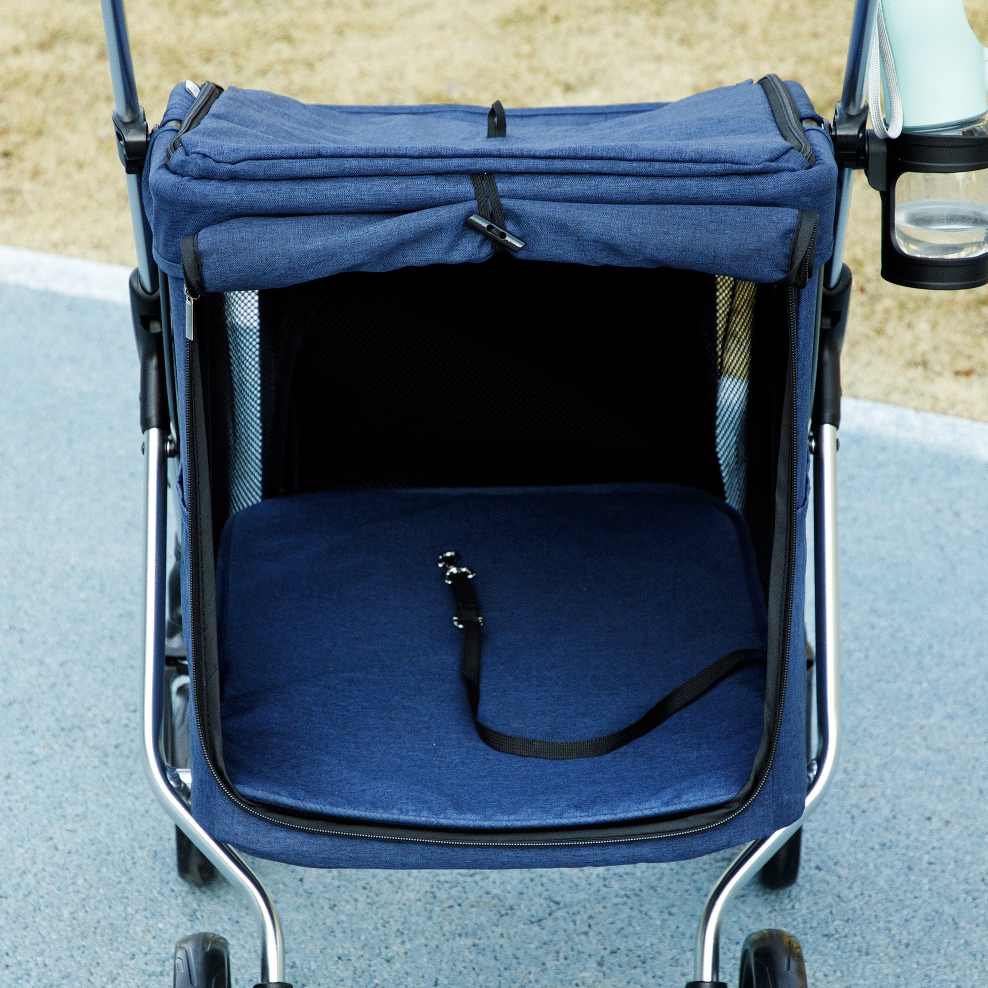 Lightweight Aluminum Folding Dog Buggy for Dogs & Cats - Dark Blue Cat Buggy with Cushion, Mesh Windows, Doors, Storage Basket, Cat Stroller