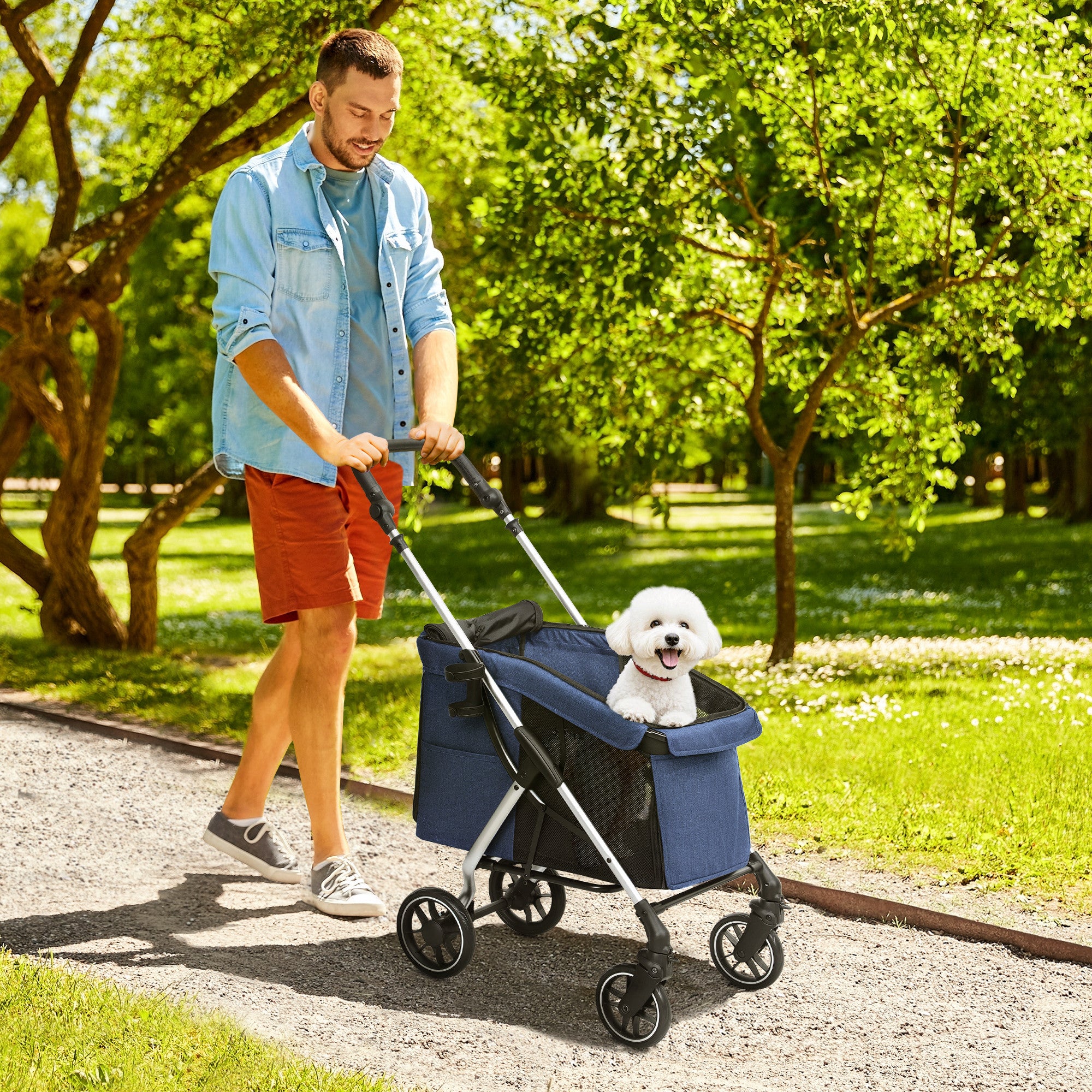Lightweight Aluminum Folding Dog Buggy for Dogs & Cats - Dark Blue Cat Buggy with Cushion, Mesh Windows, Doors, Storage Basket, Cat Stroller